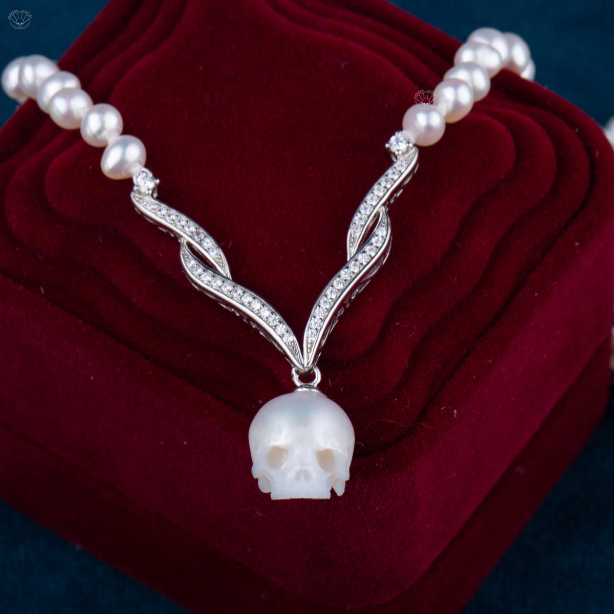 Carved Full Pearl Skull Wearing Sterling Silver Crown - shops Gift - Christmas Necklace - Skull Jewelry - Pearl Skull - June Birthstone