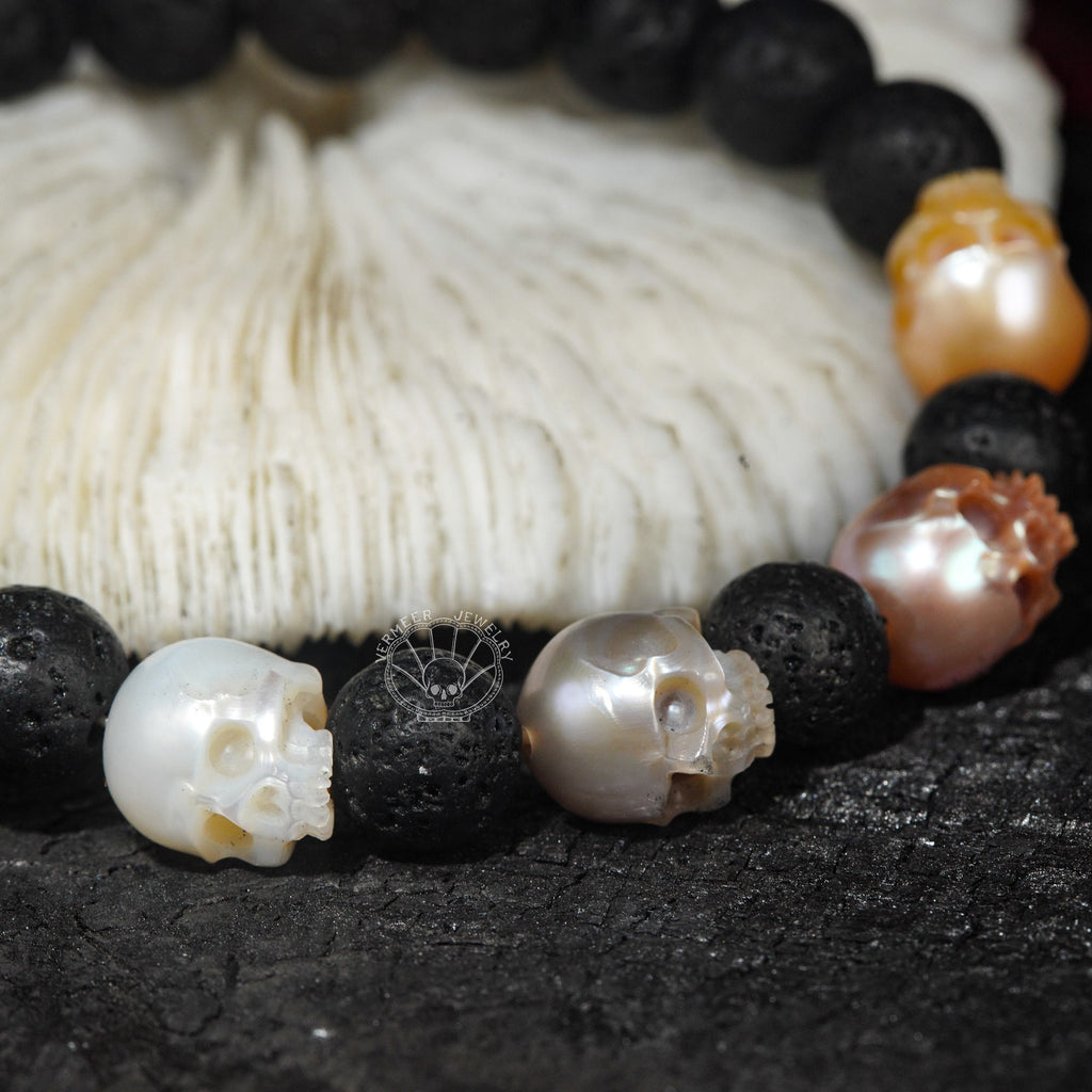 skull carved pearl bracelet four colors freshwater pearl black volcano stone energy bracelet Memento Mori Mourning Jewelry