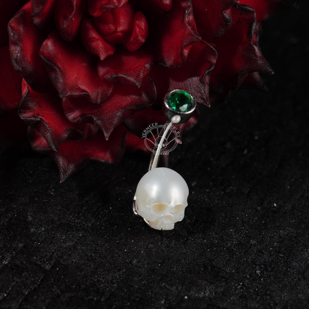 14G belly Ring, hand shape skull pearl Eyebrow Ring,925silver Curved Barbell/Rook Piercing/Eyebrow Piercing/Cartilage Piercing Jewelry