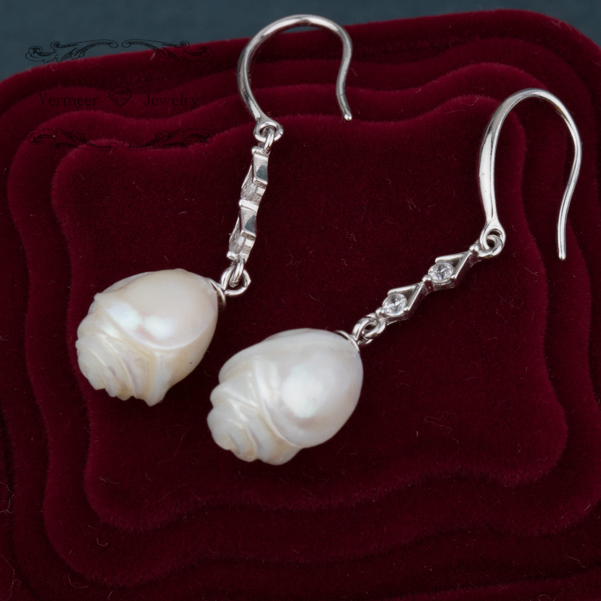 pearl carved earring rose freshwater pearl 9-11mm handmade 925 silver earring with zircon gift for mother's day