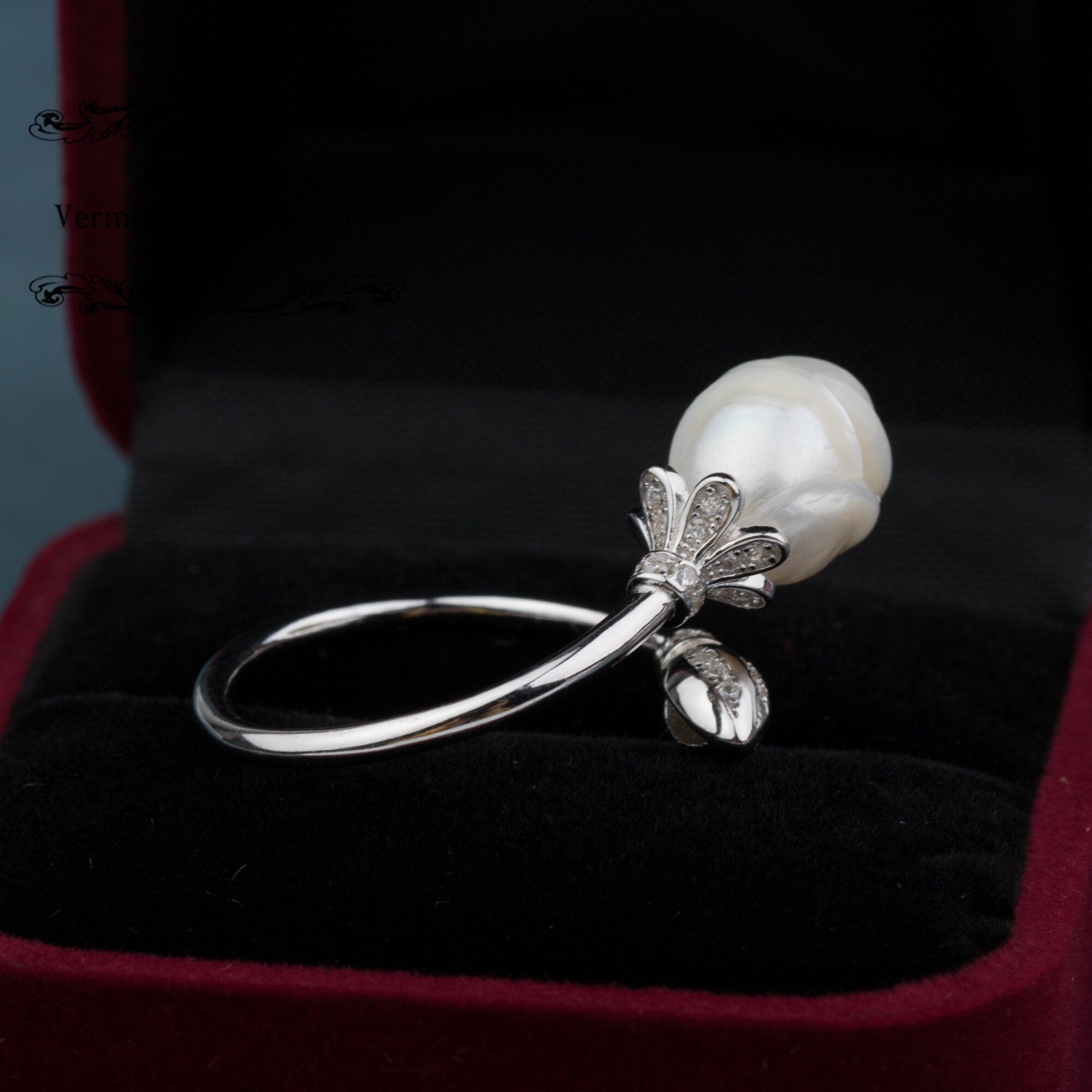 pearl carved ring rose freshwater pearl 10-13mm handmade 925 silver ring bridal gift for mother statement ring