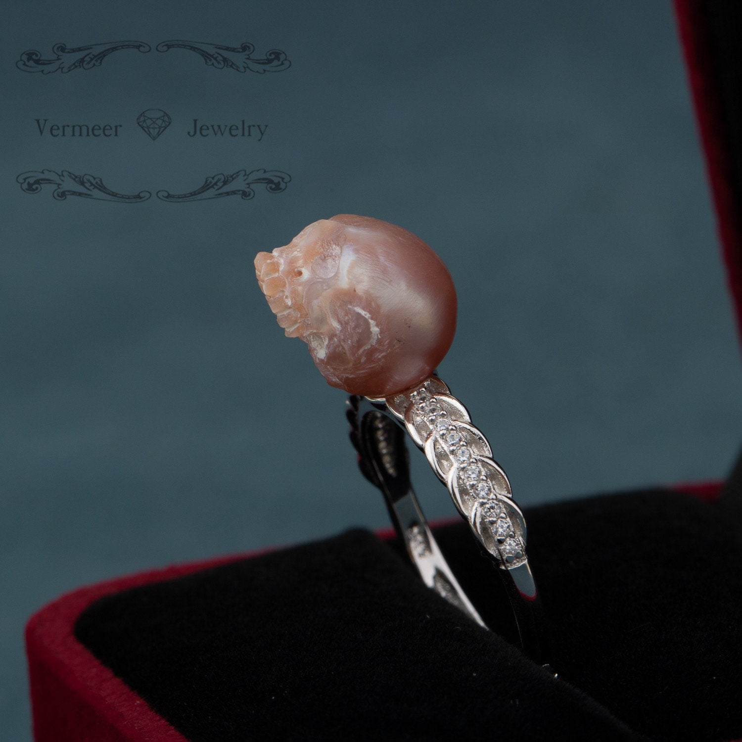 skull carved pearl ring  pink and purple freshwater pearl 11-13mm handmade 925silver engagement ring with zircon