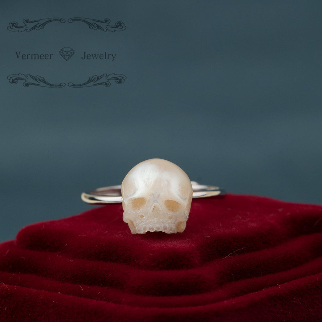 skull carved pearl ring  pink and purple freshwater pearl  handmade 925silver engagement ring with zircon