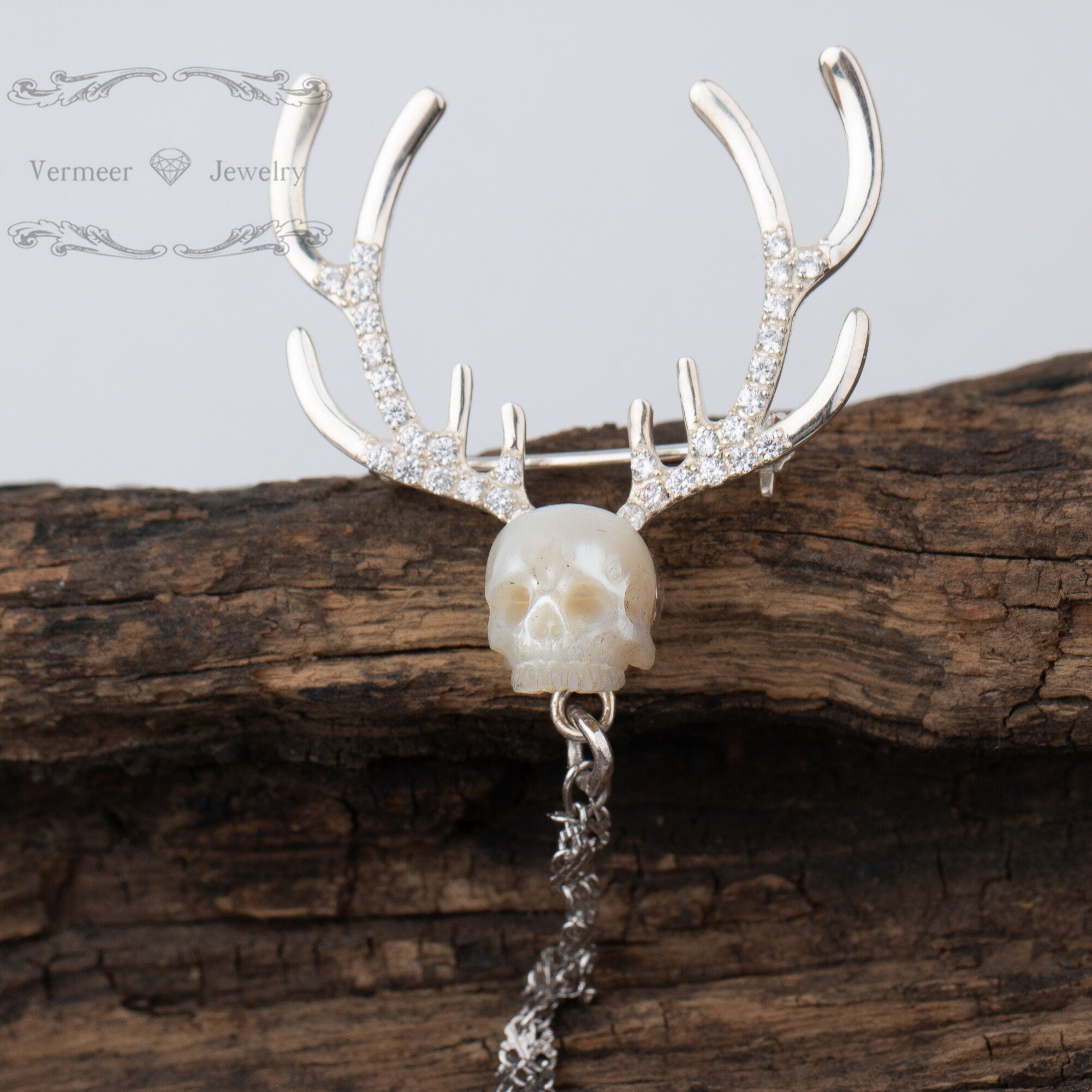 skull carved pearl freshwater pearl handmade 925sterling silver deer shape with thailand diaspore gem collar pin gift for wedding