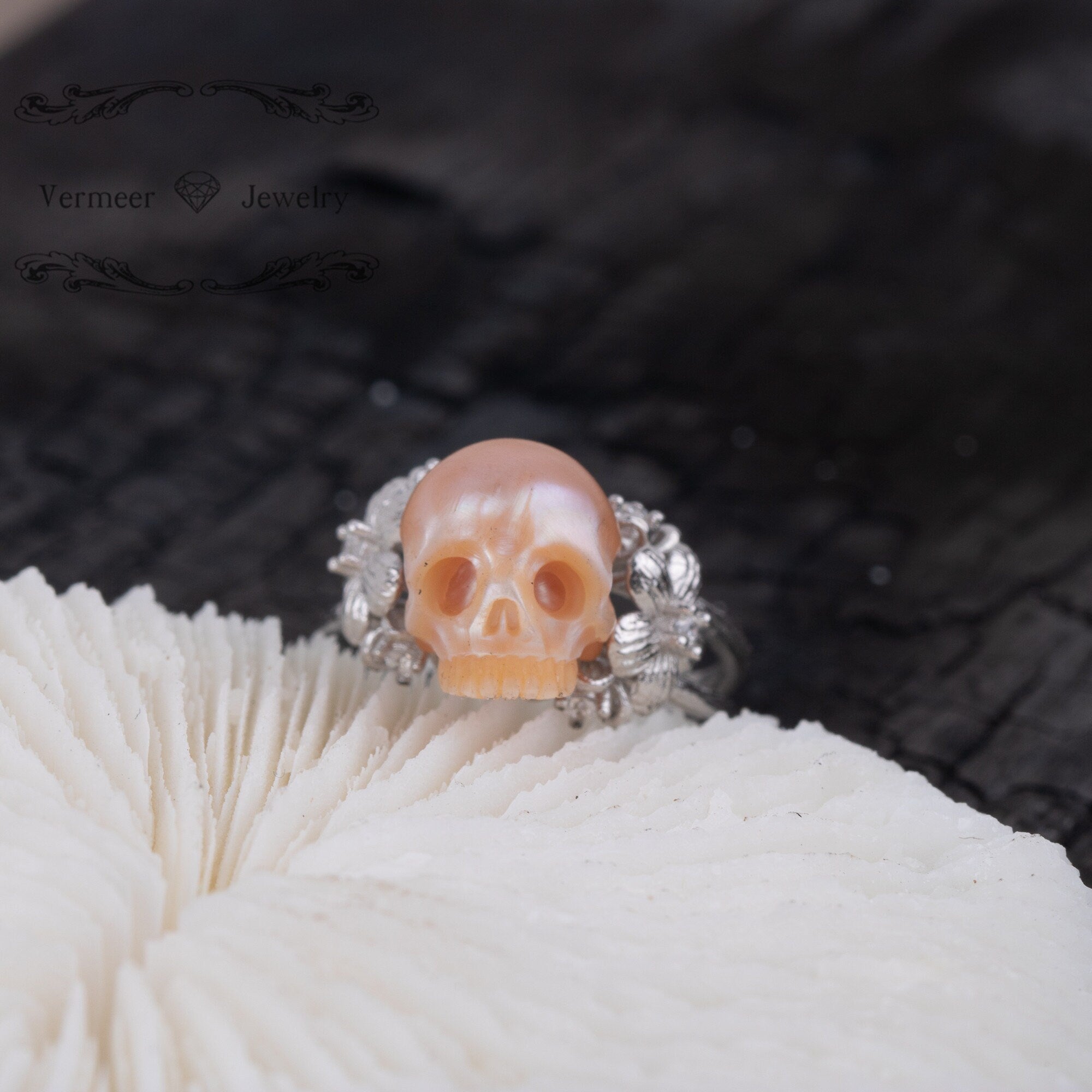 Venus Garden Ring handmade 925 silver skull carved pearl ring