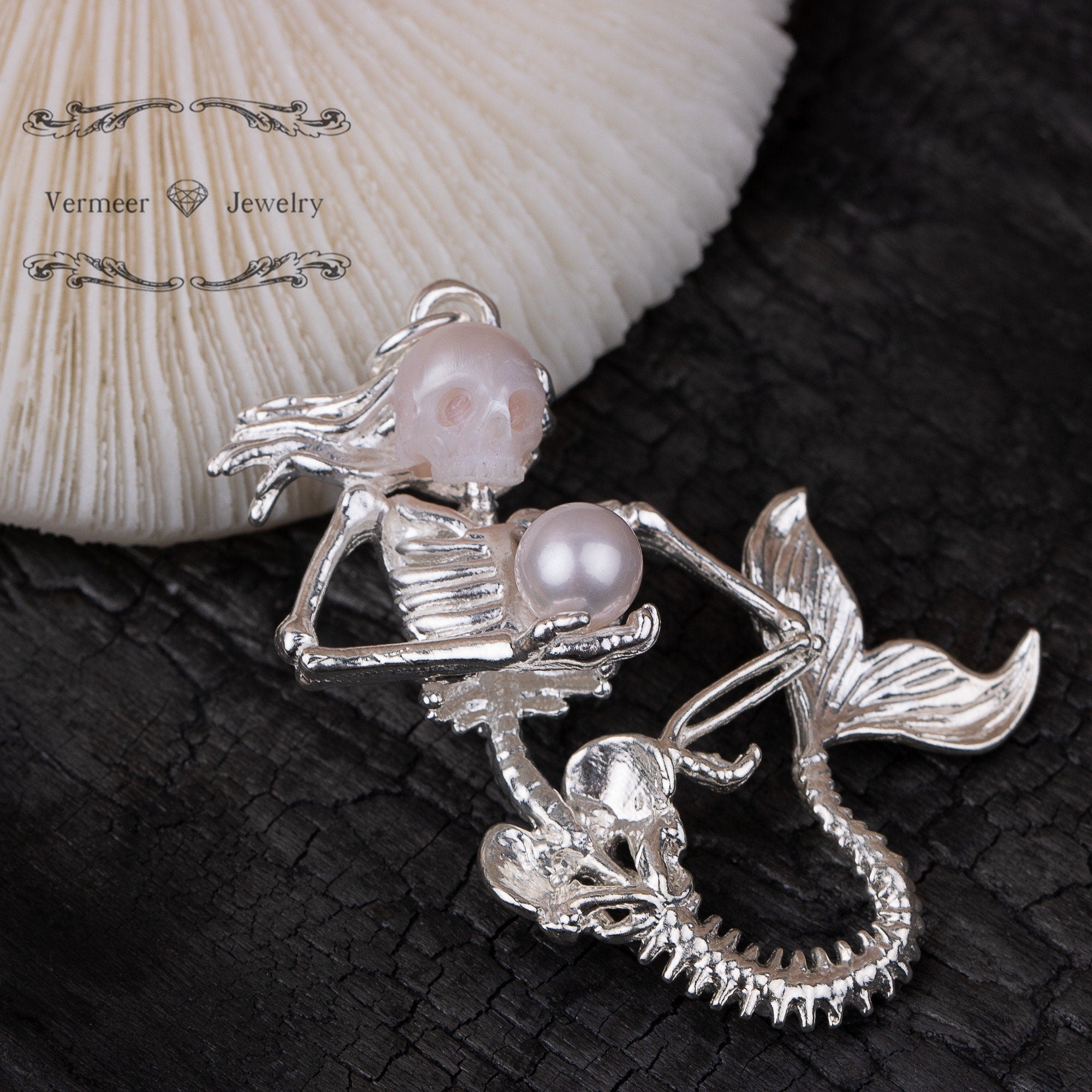 skull pearl mermaid necklace freshwater pearl sterling silver pearl pendant for girlfriend gift