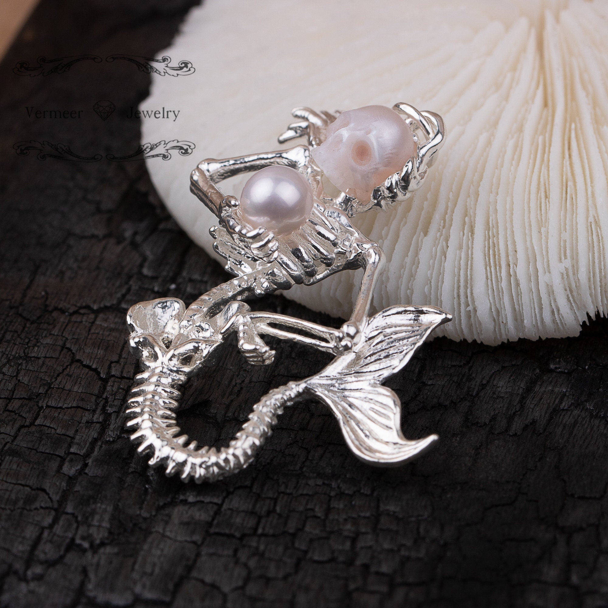 skull pearl mermaid necklace freshwater pearl sterling silver pearl pendant for girlfriend gift