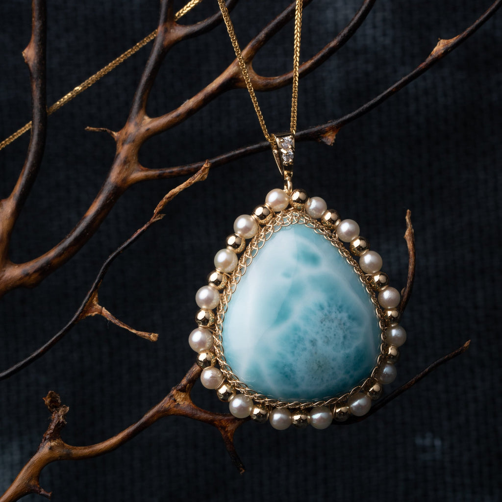 wire wrapped Larimar pendant 14k gold filled multi gem  freshwater pearl necklace gorgeous handmade gift for woman