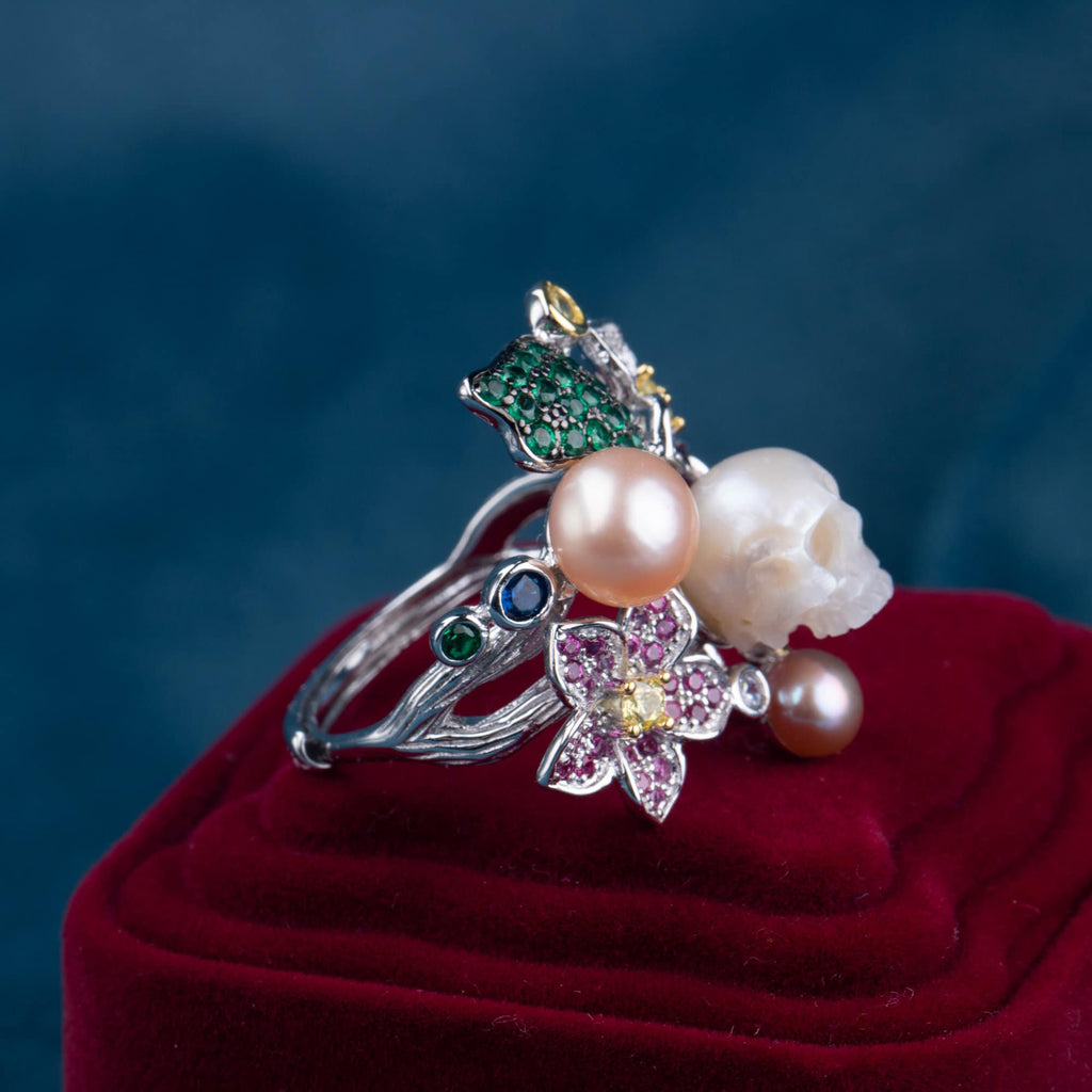 skull carved pearl ring with zircon spring flower gorgeous handmade 925 sterling engagement ring gothic jewelry