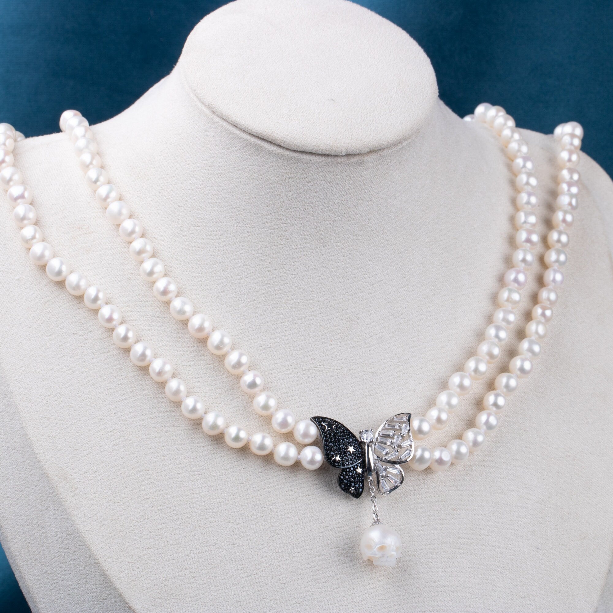 Butterfly Of Light skull carved pearl S925 silver necklace