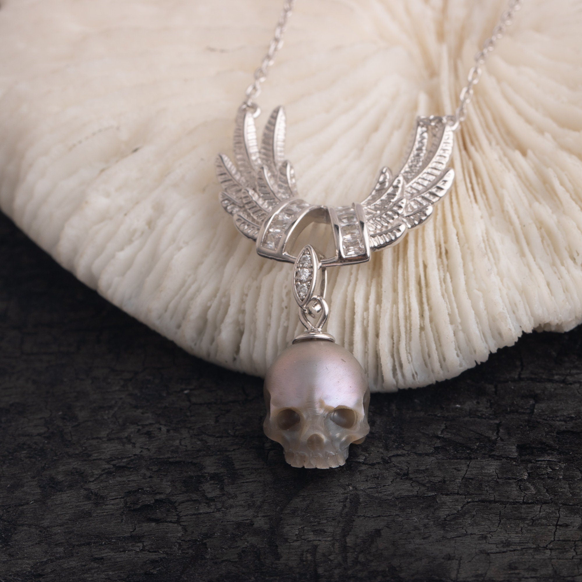 Eagle Wing Necklace skull carved pearl S925 silver necklace