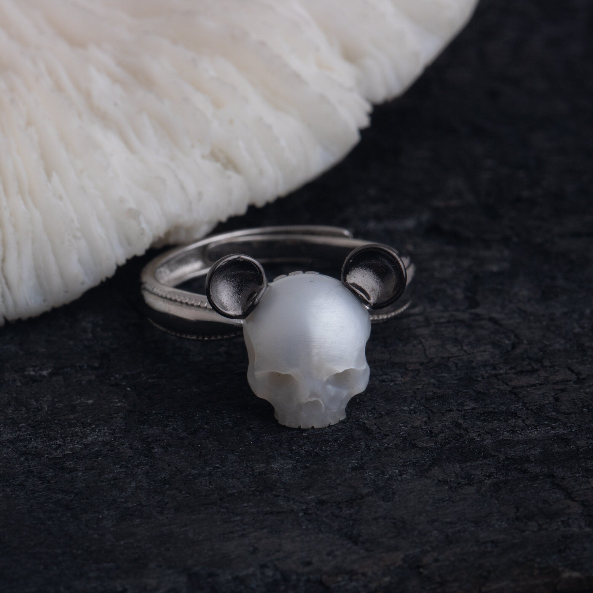 Mickey and Minnie Ring 925 silver skull carved pearl ring bear shape cute engagement ring and necklace gift for lover