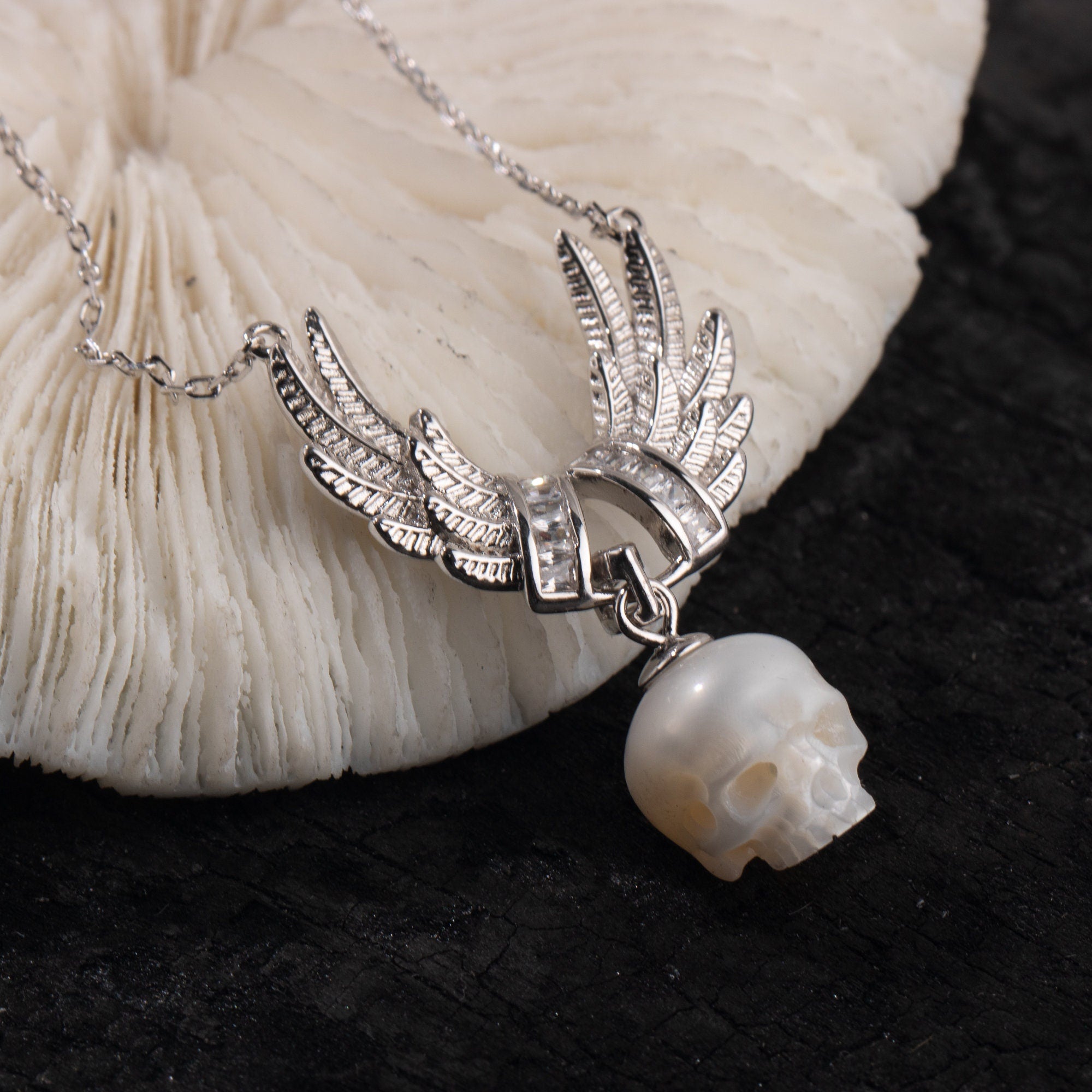 Eagle Wing Necklace skull carved pearl S925 silver necklace