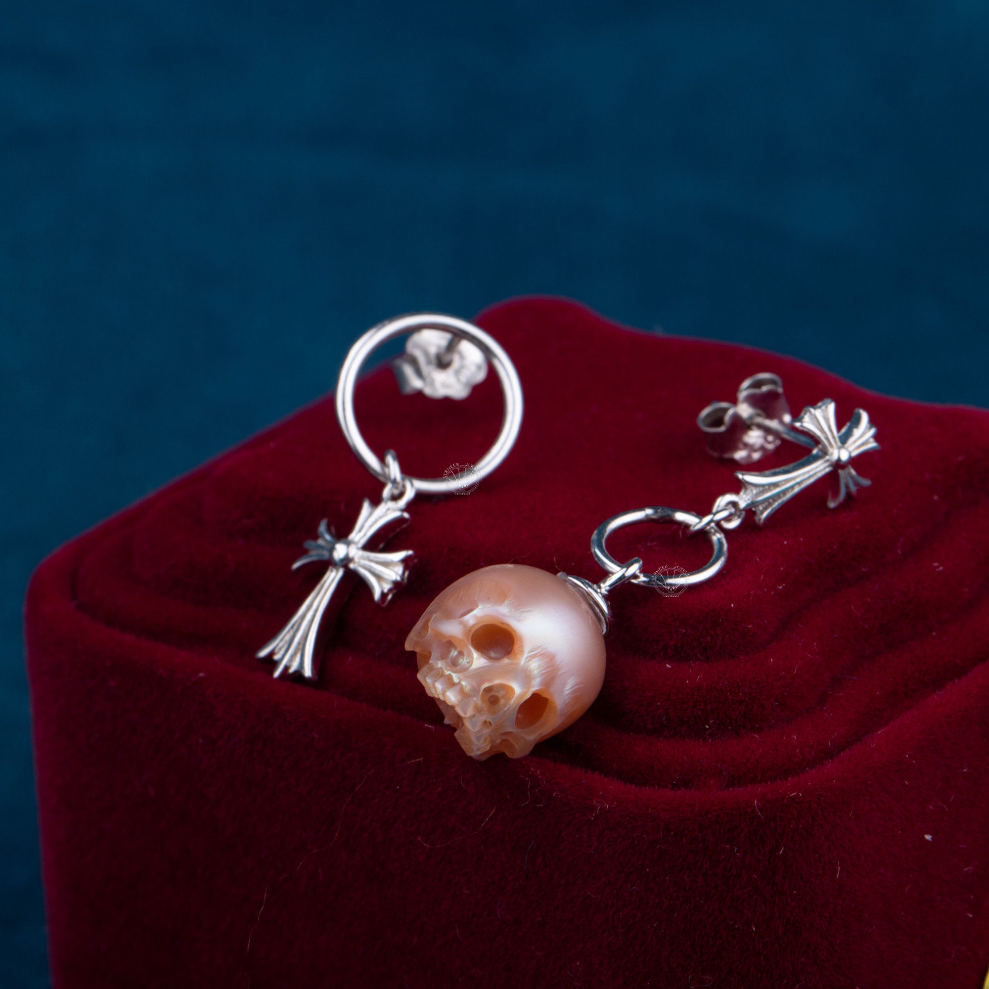 skull carved pearl earring cross shape asymmetric pearl earring gothic jewelry handmade gift for lover