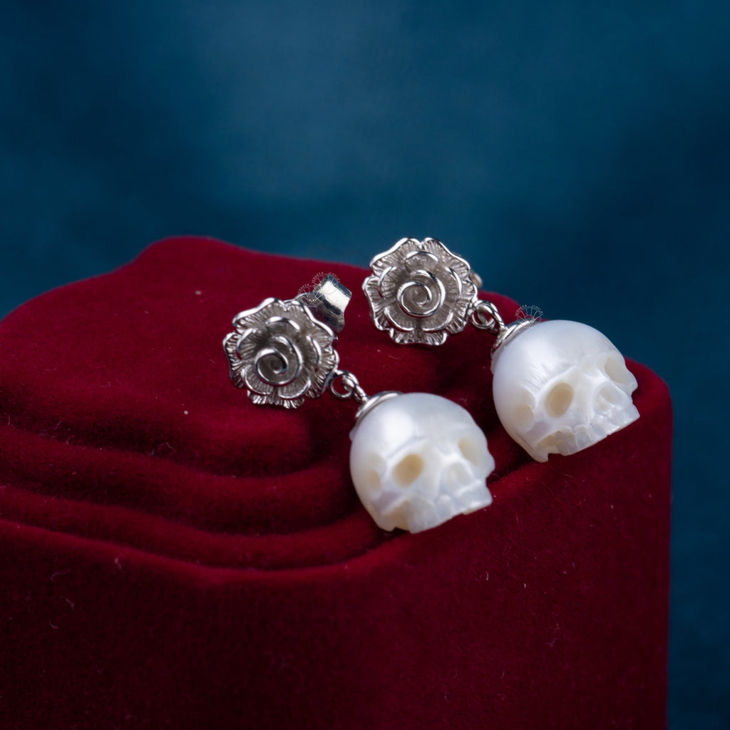 Rose Whisper Earring skull carved pearl S925 silver earring