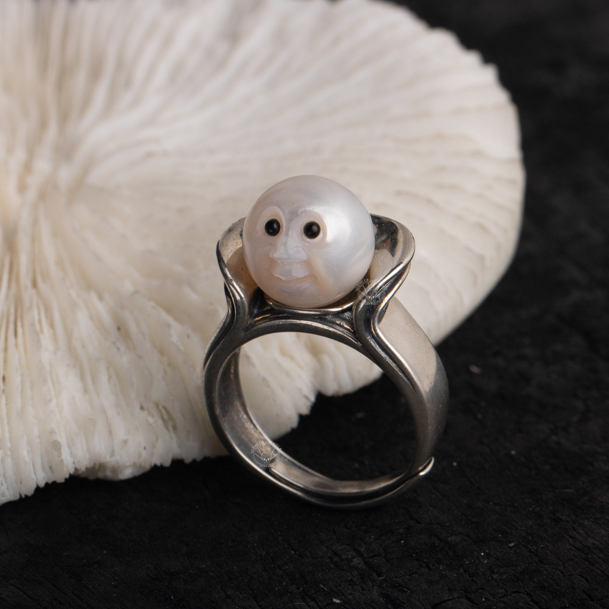 moon face pearl ring handcarved freshwater pearl ring proposal ring singing ring for lover