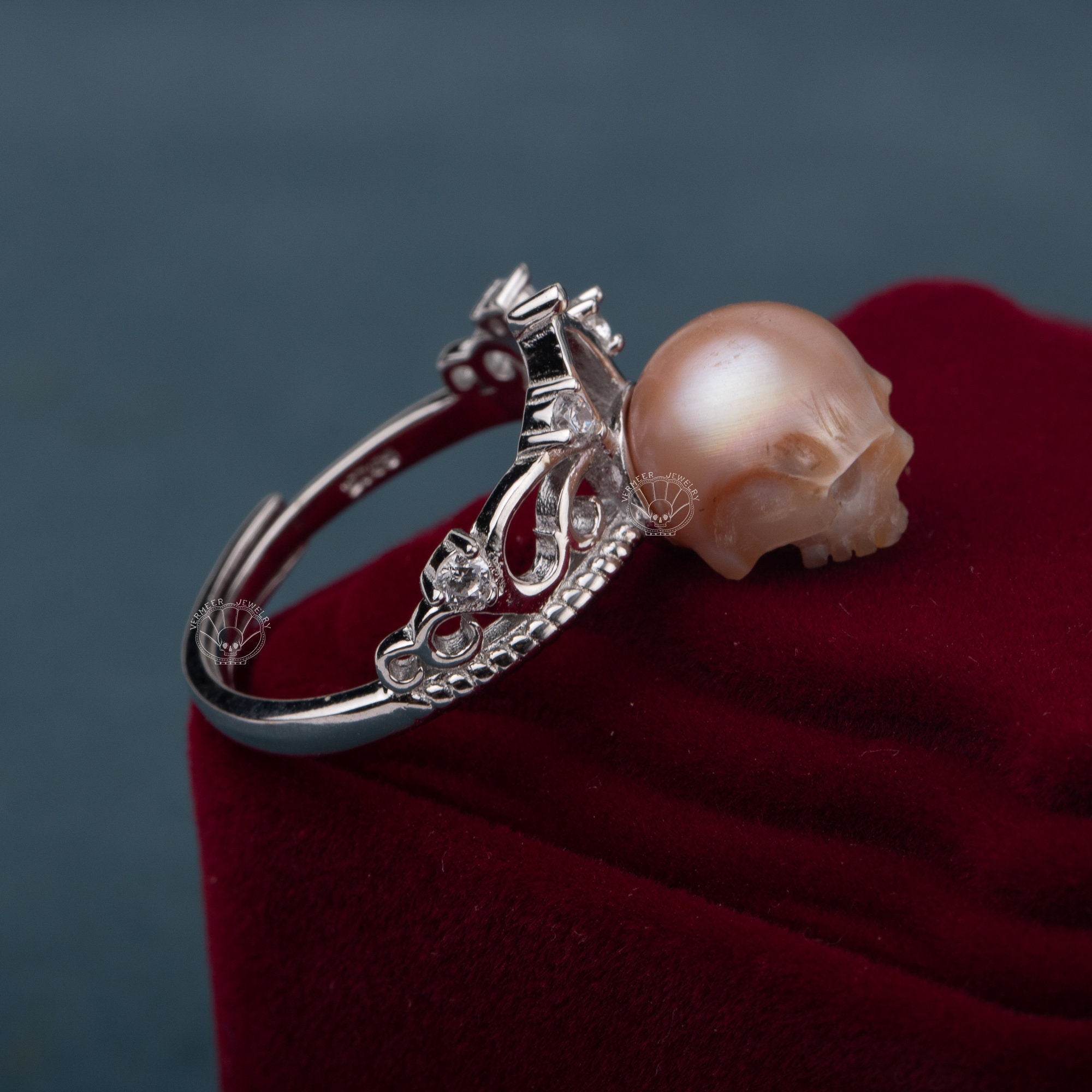 The Crown Ring handmade 925 silver skull carved pearl ring