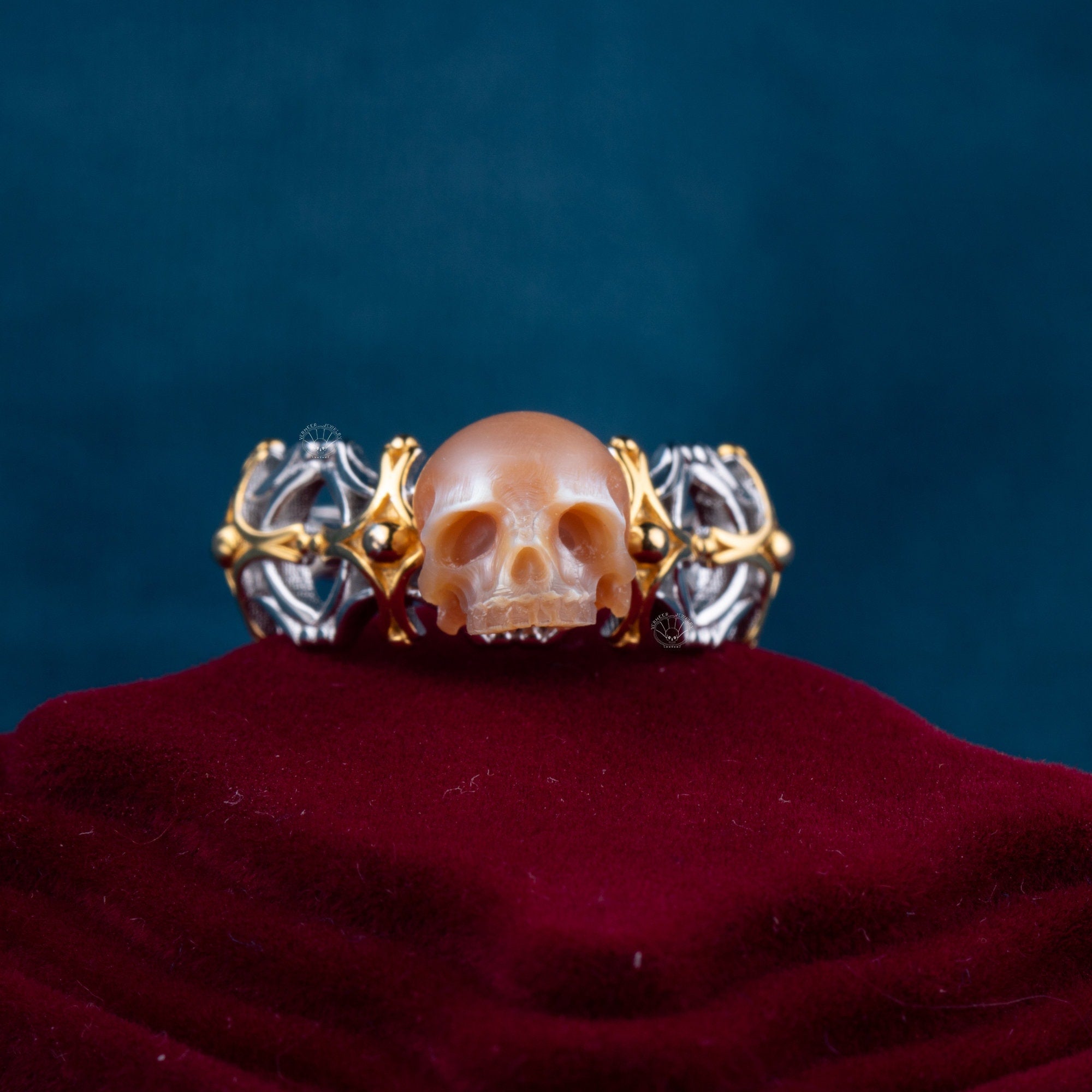 Judgement Ring handmade 925 silver skull carved pearl ring
