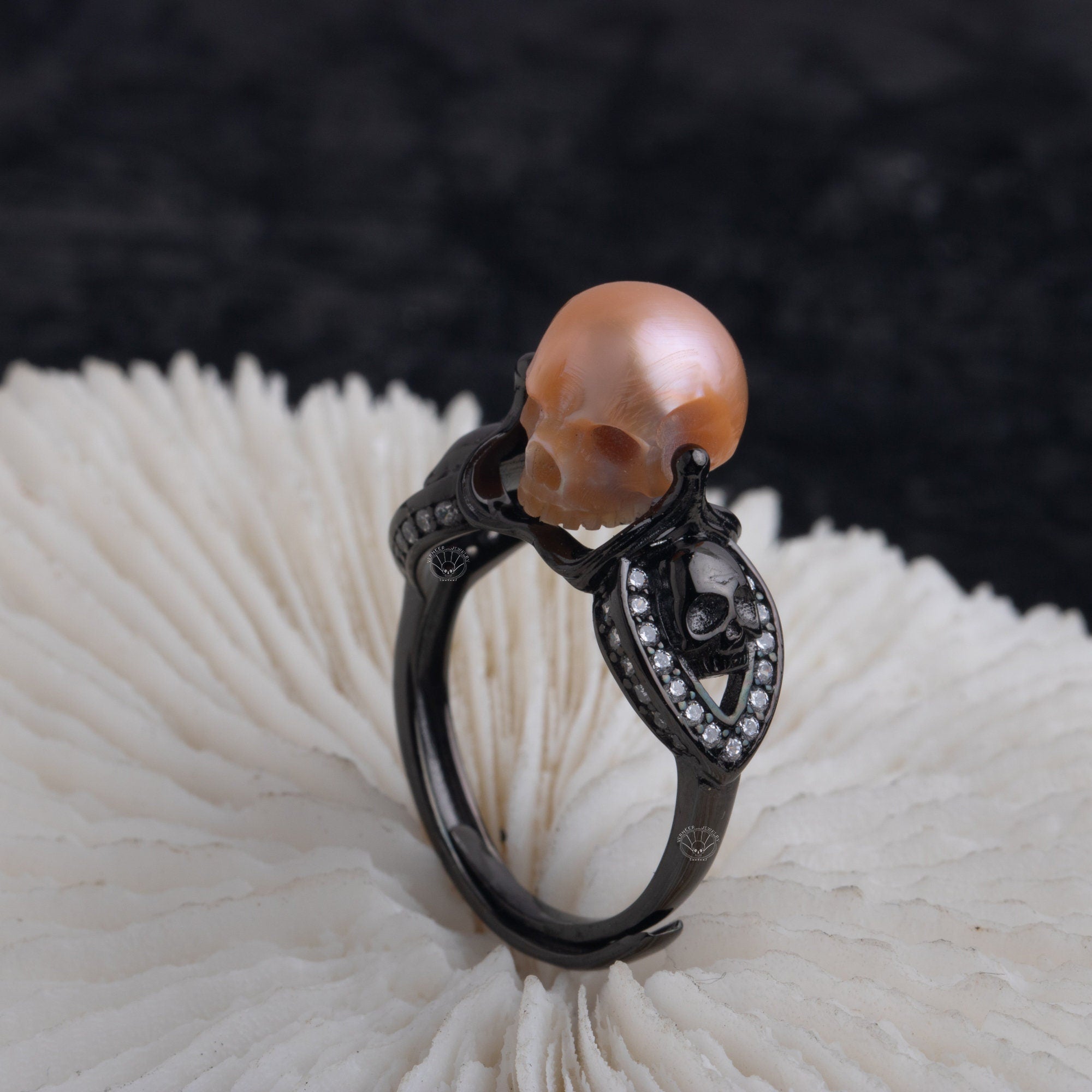 Dark Warrior Ring handmade 925 silver skull carved pearl ring