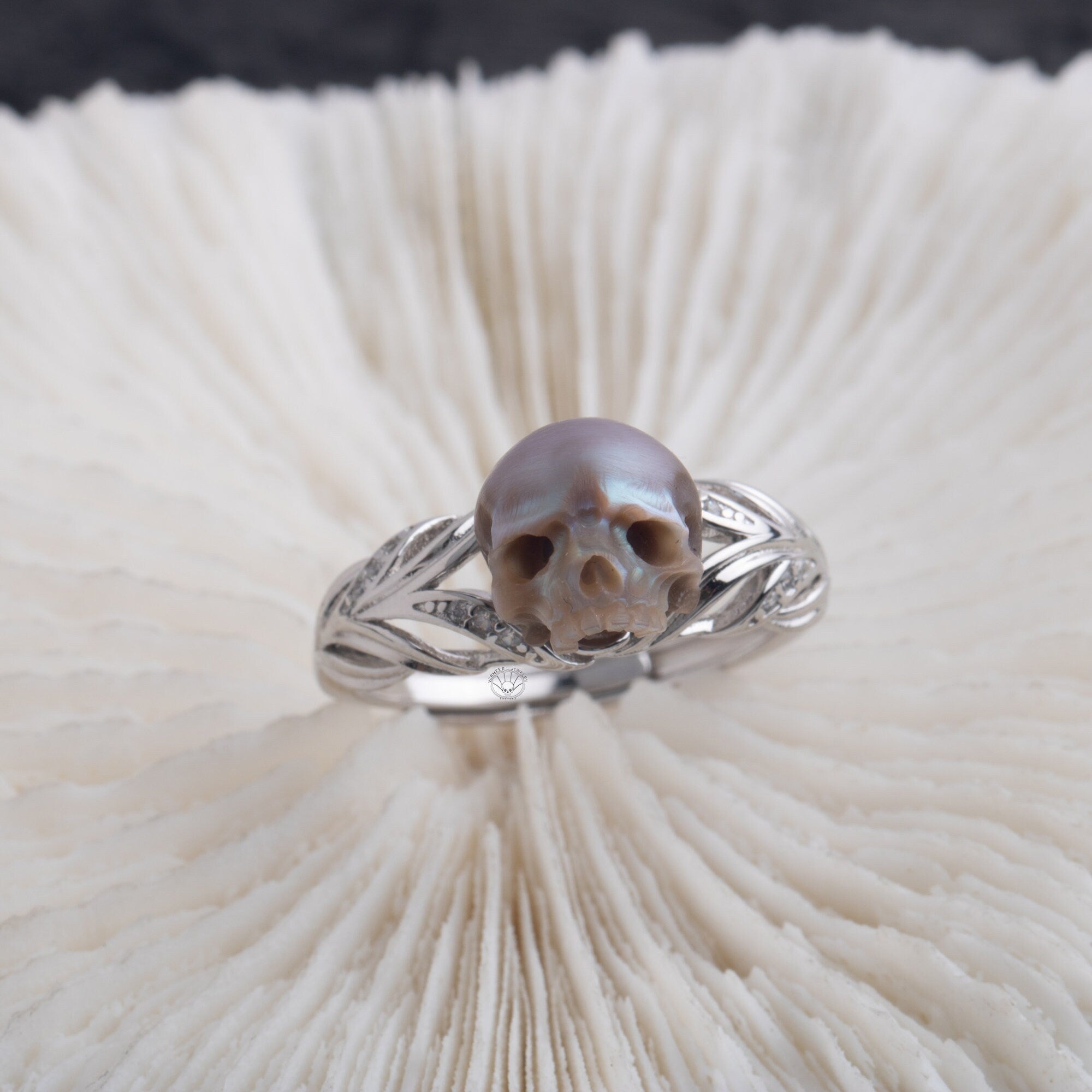 The Princess Ring handmade 925 silver skull carved pearl ring