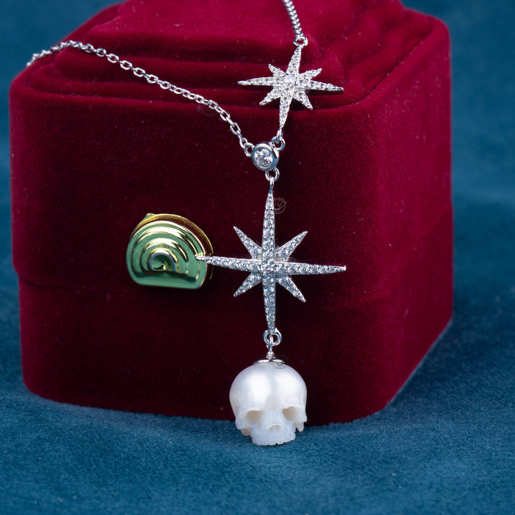 skull necklace star shape sterling silver handcarved freshwater pearl gothic jewelry gift for woman