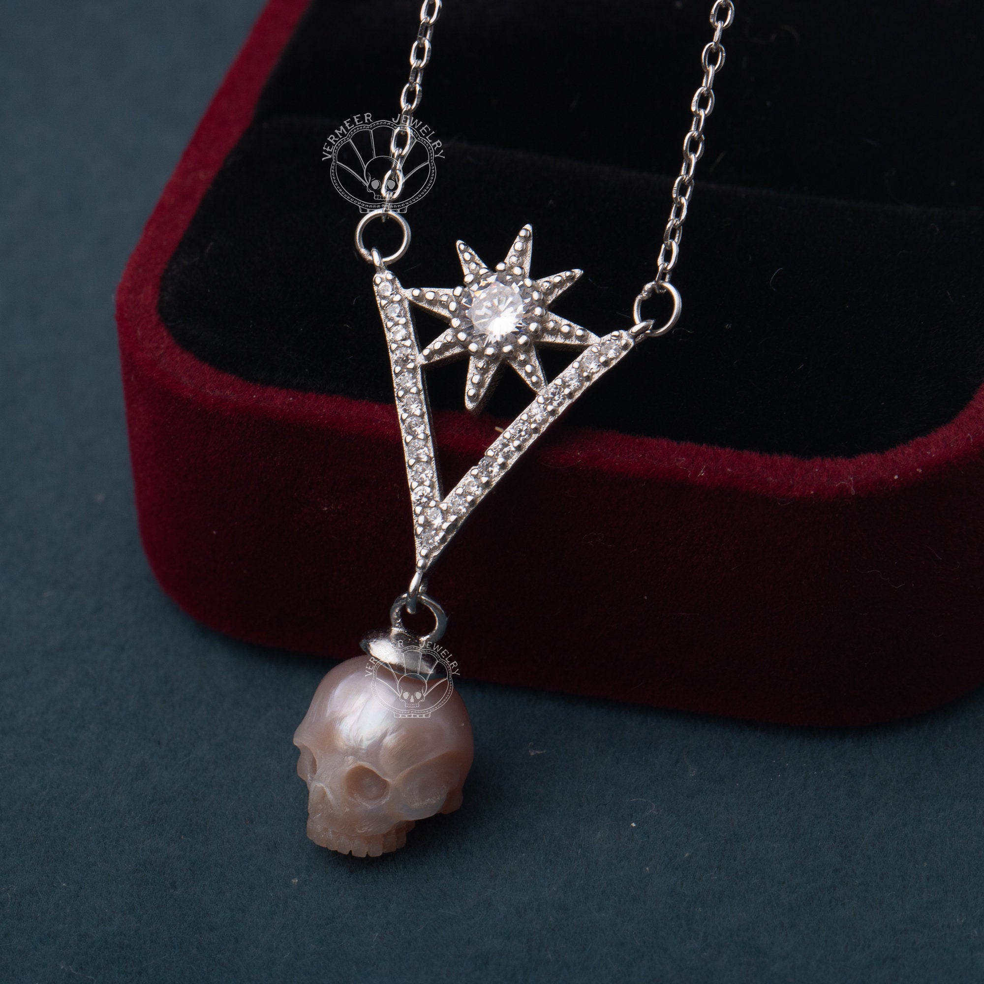 skull pearl handcarved necklace  sterling sliver V shape classic necklace for wedding gift for woman