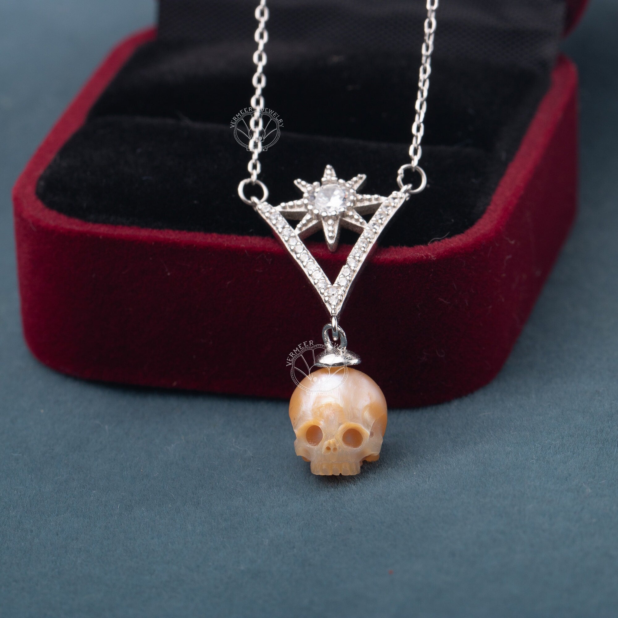 skull pearl handcarved necklace  sterling sliver V shape classic necklace for wedding gift for woman