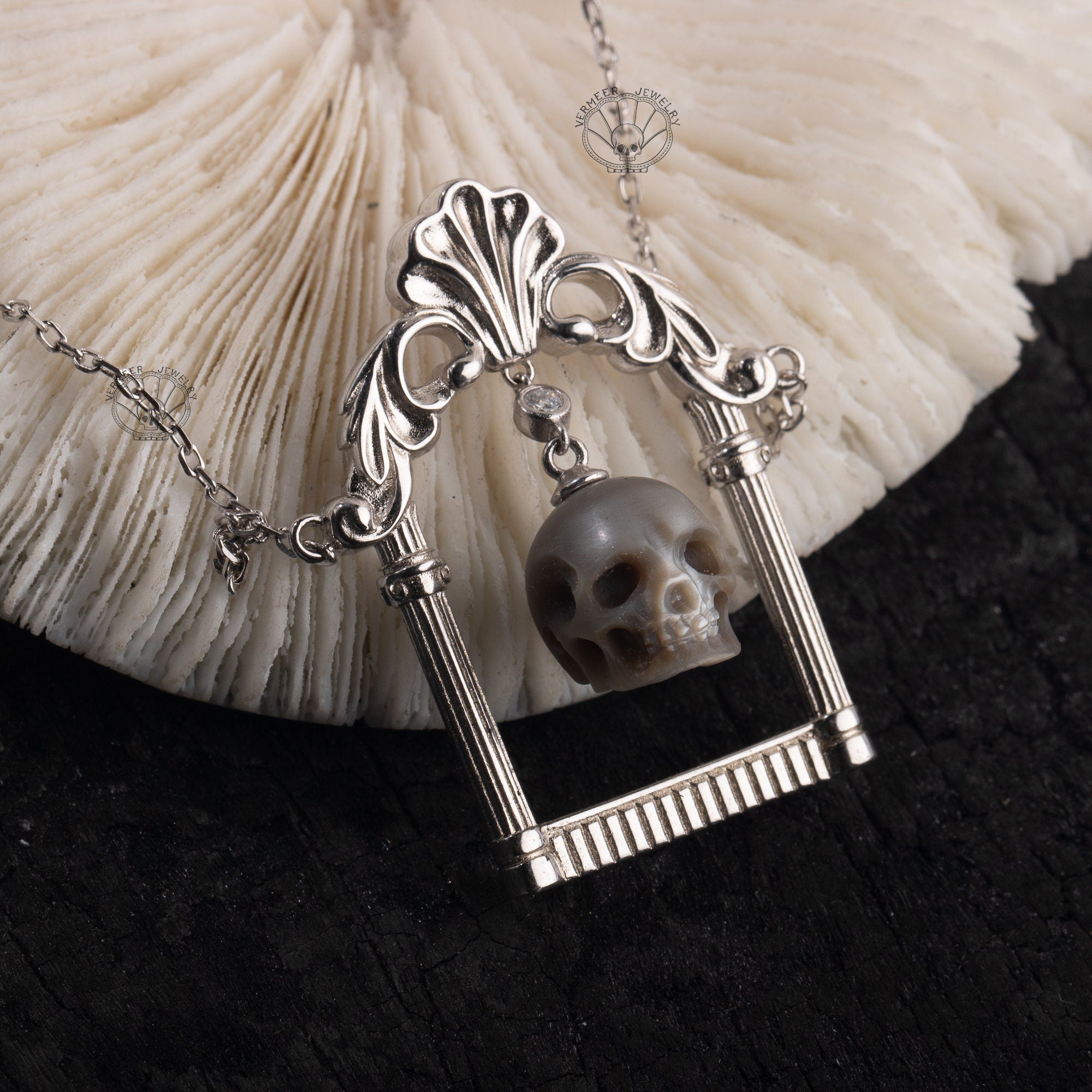 skull pearl necklace gothic jewelry handcarved freshwater pearl full jaw skull silver necklace gift for wedding