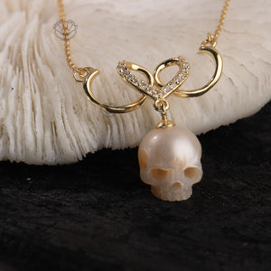 Open image in slideshow, skull pearl necklace freshwater pearl sterling silver heartshape necklace pendant wedding gift
