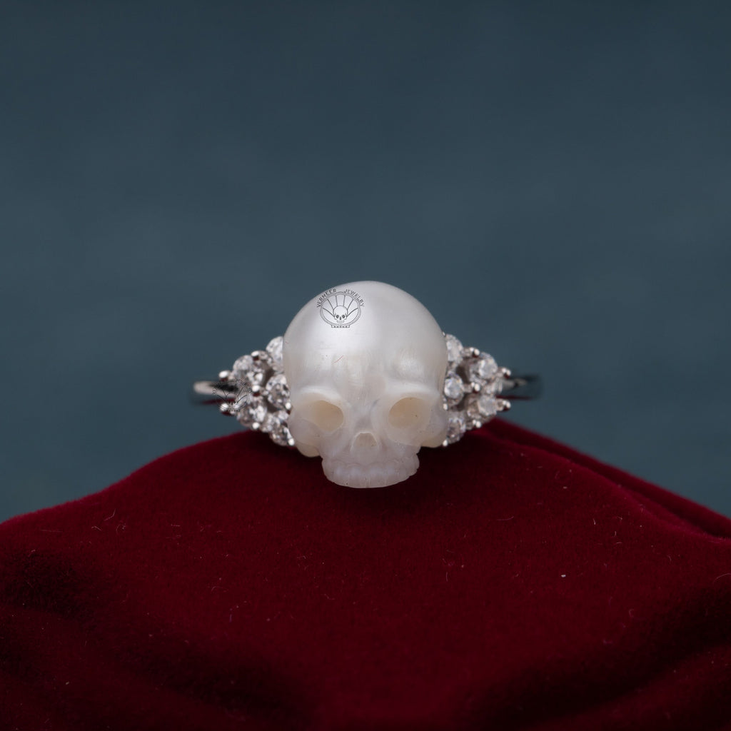 skull ring skull carved freshwater pearl  9-11mm  handmade 925 silver ring with zircon gift for wedding