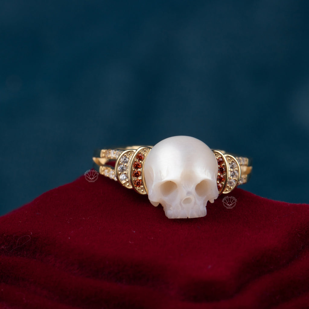 Moon Ring skull carved pearl ring pink and purple freshwater pearl handmade 925 silver engagement ring with zircon for wedding