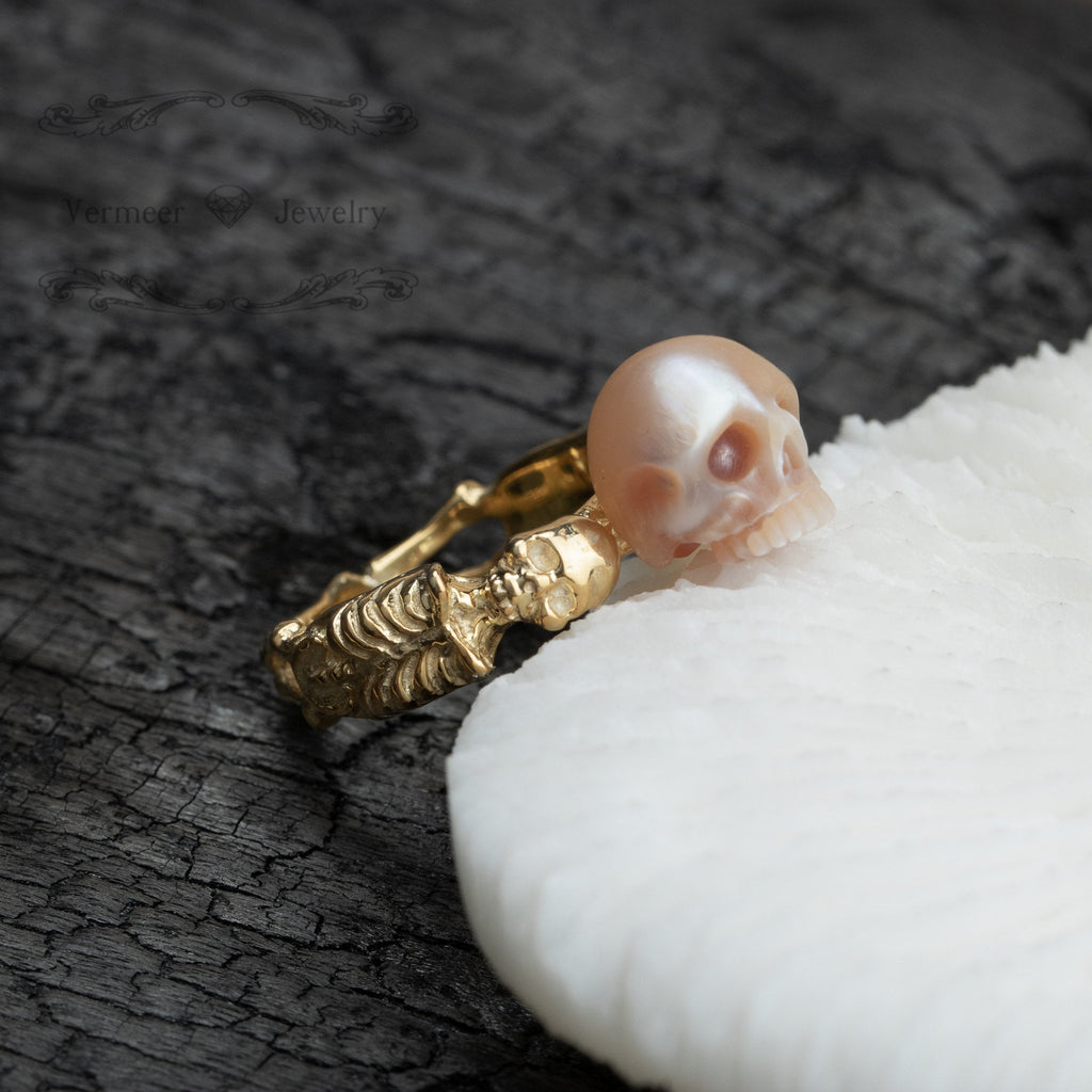 Pharaoh skeleton 925 silver skull carved pearl ring