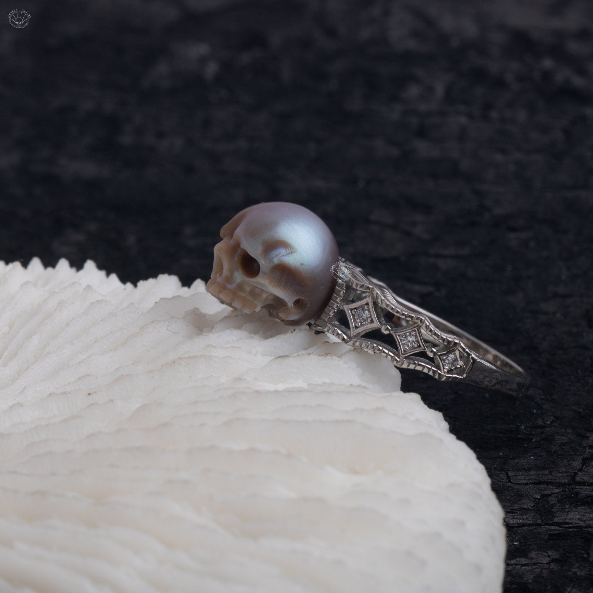 Faith Ring 925 silver natural freshwater pearl carved skull ring