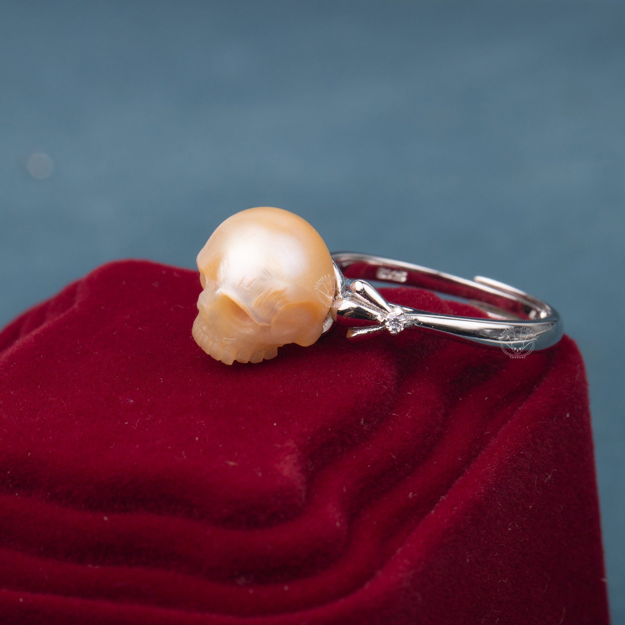 skull carved pearl ring freshwater pearl 9-11mm handmade 925silver engagement ring with zircon