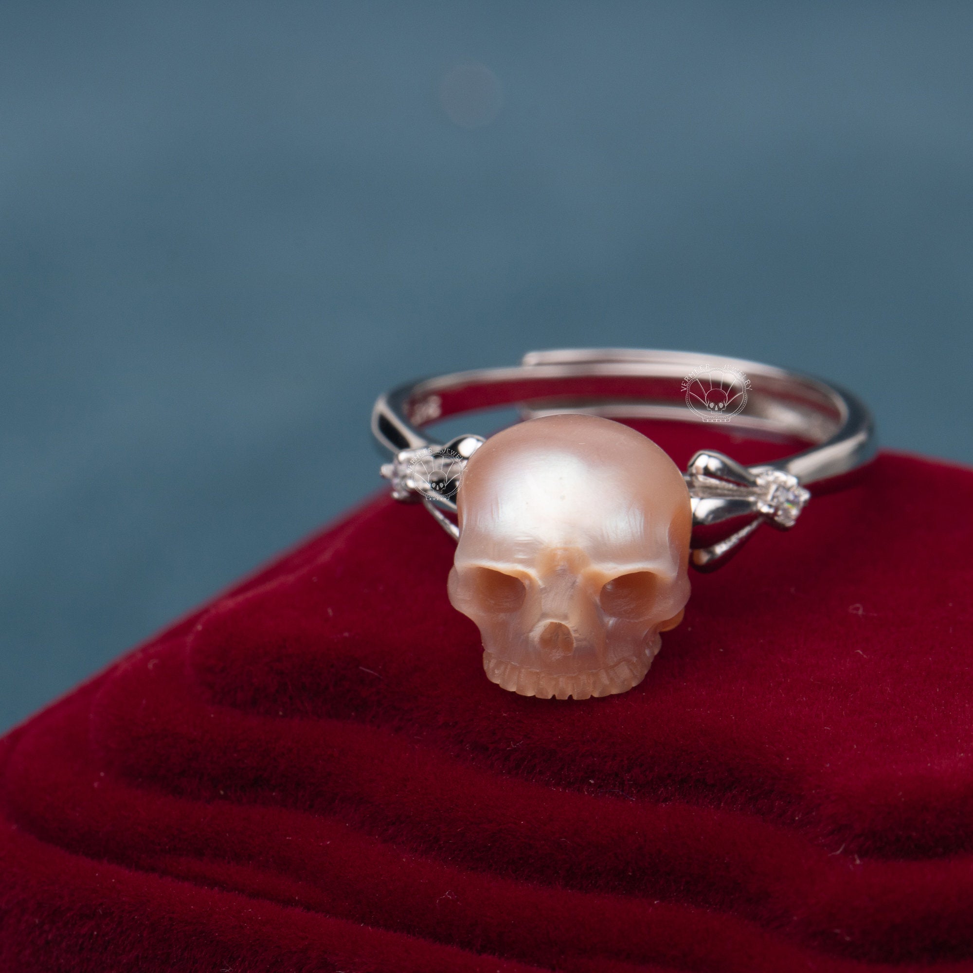 skull carved pearl ring freshwater pearl 9-11mm handmade 925silver engagement ring with zircon