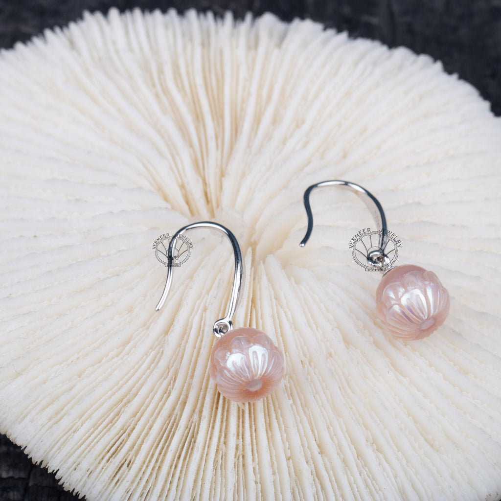 pearl carved earring rose freshwater pearl handmade 925 silver earring hoop bridal gift for wedding