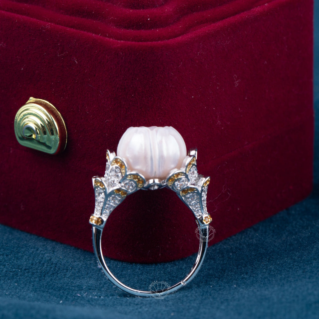 pearl carved ring rose shape silver ring with zircon handmade 925 silver ring bridal gift statement ring