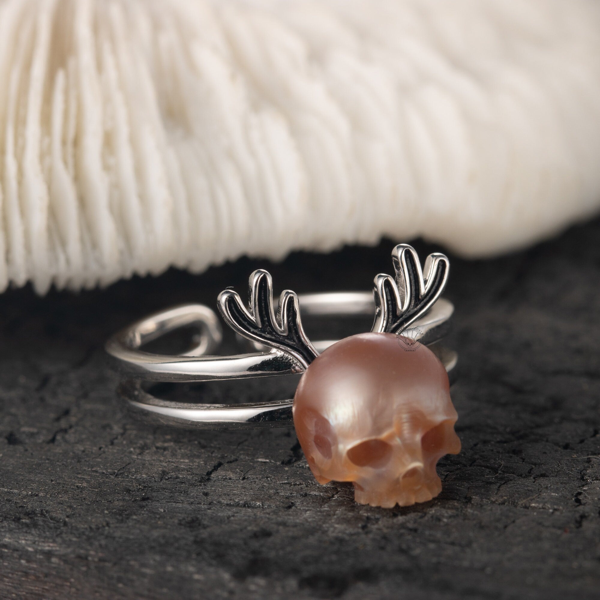 Deer Horn Ring handmade 925 silver skull carved pearl ring