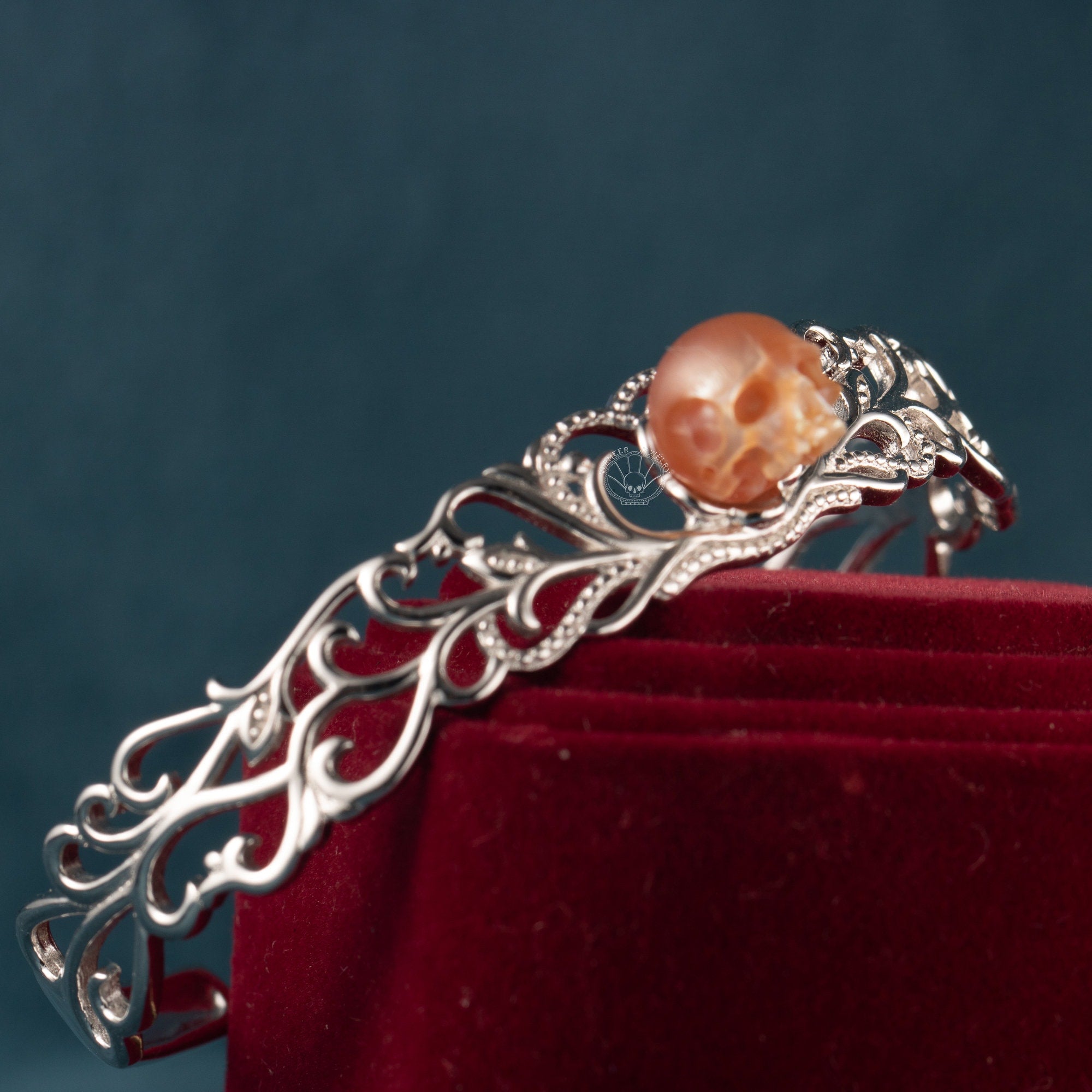 skull carved pearl bracelet handmade flower shape bangle sterling silver gothic jewelry for lover