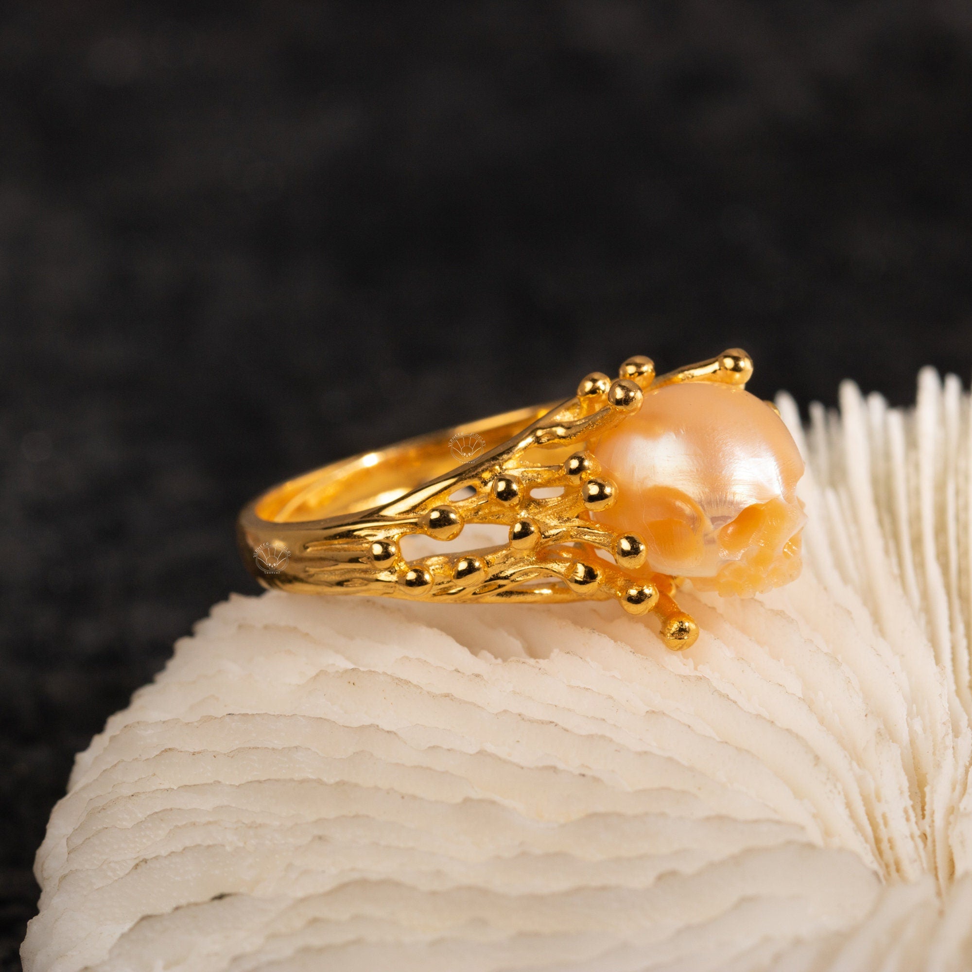 Flowing Stream Ring handmade 925 silver skull carved pearl ring