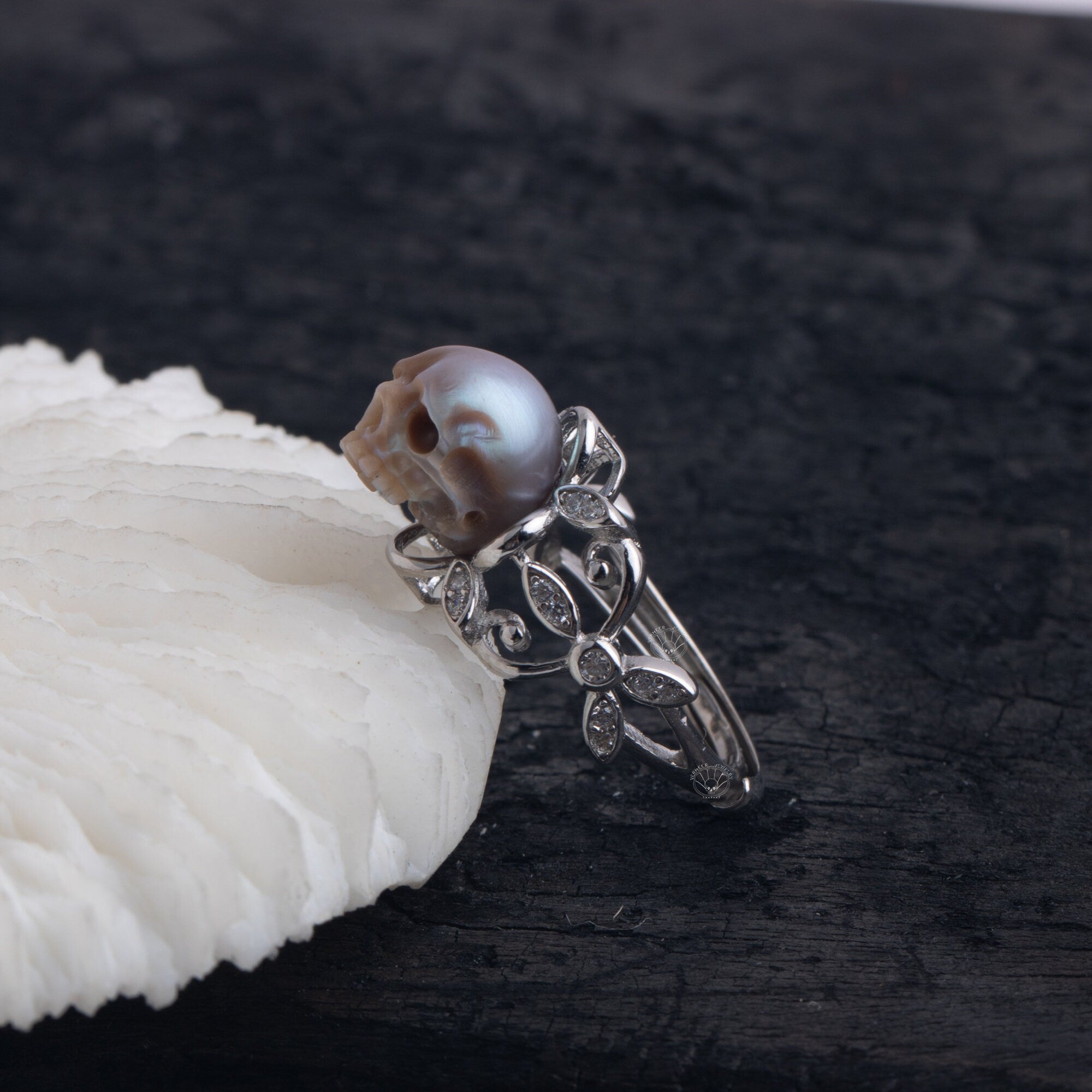 Hammurabi Ring handmade 925 silver skull carved pearl ring