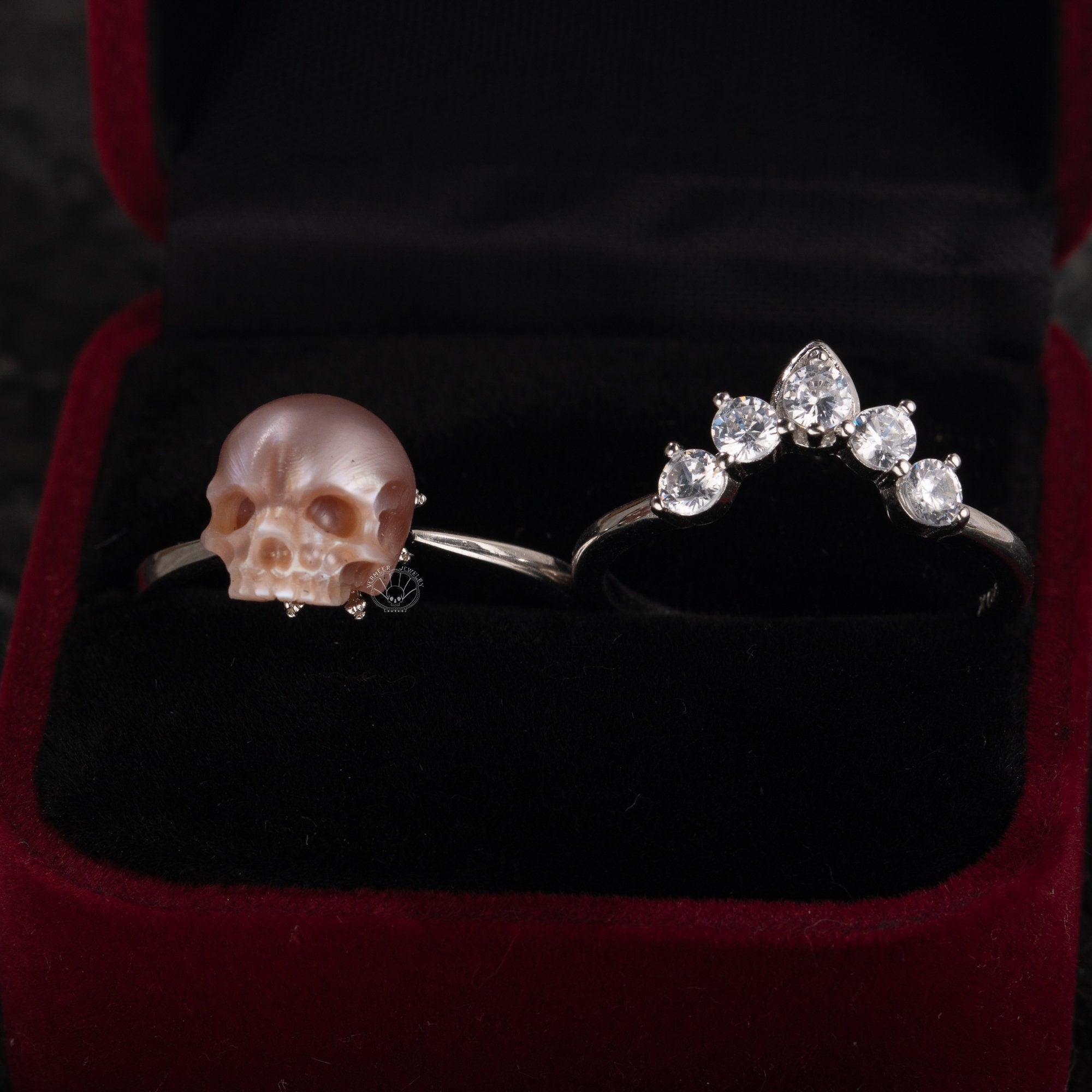 pearl skull ring ''be my queen'' skull with crown 2 pieces sterling silver rings gothic dark jewelry engagement ring for wedding