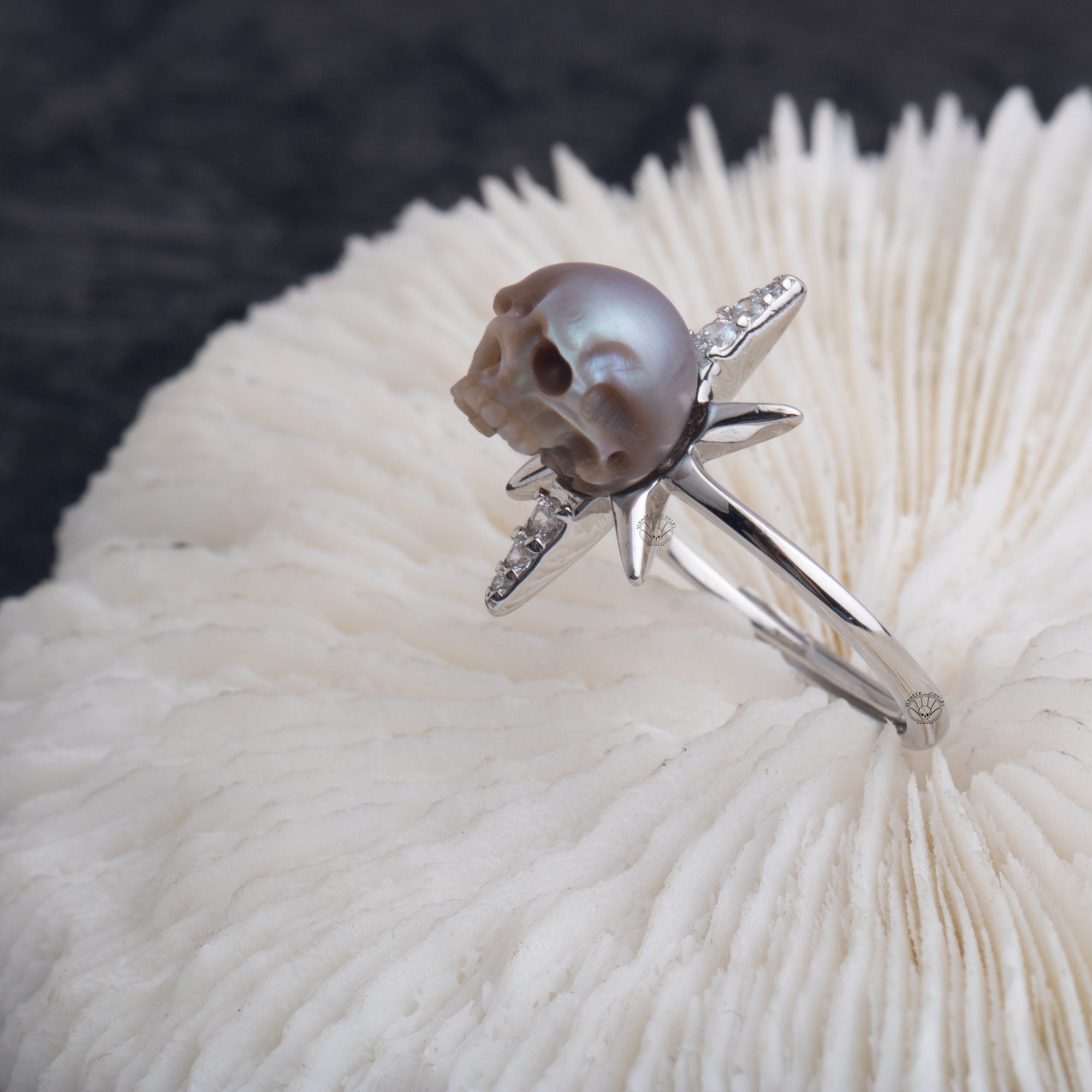 The Sun Ring handmade 925 silver skull carved pearl ring