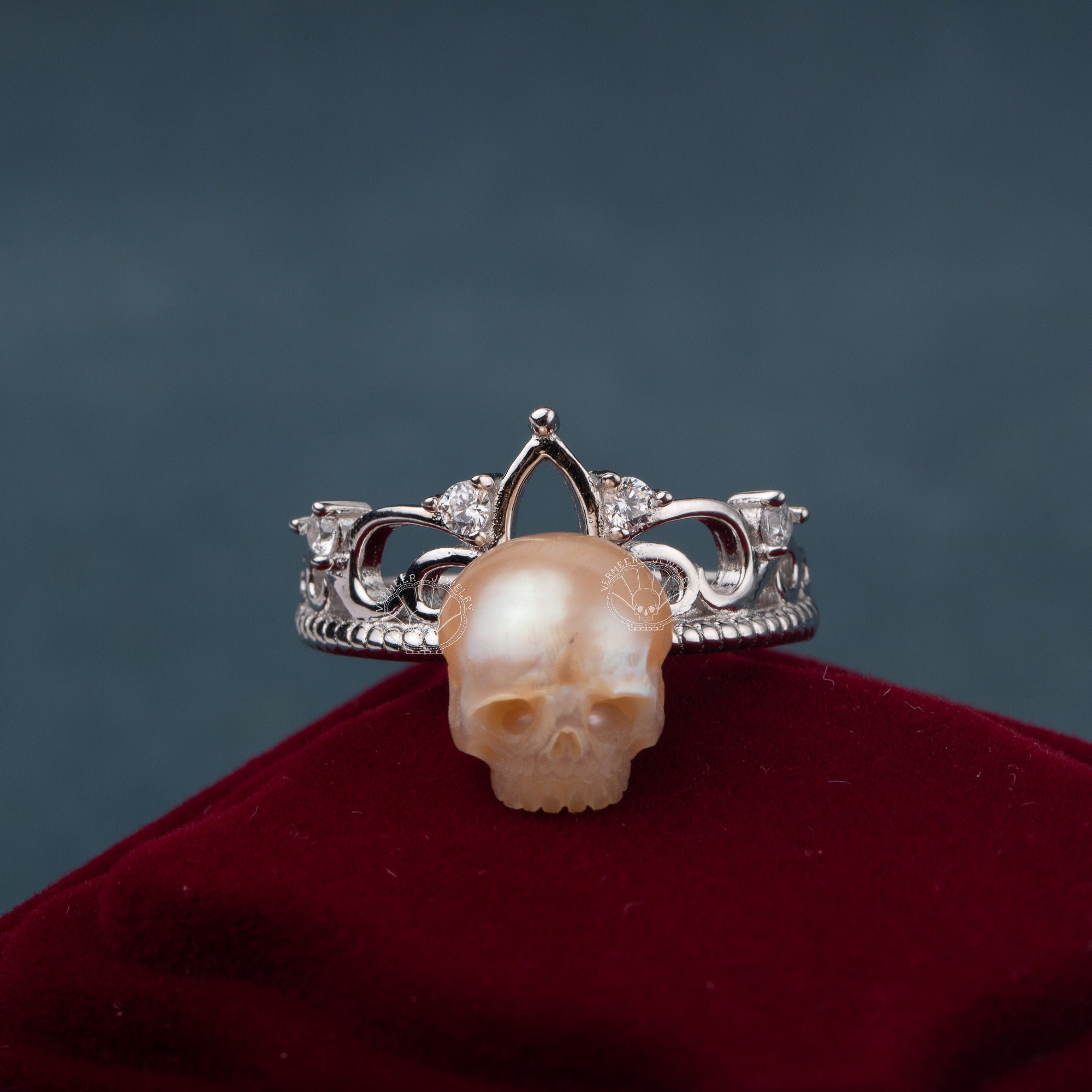 The Crown Ring handmade 925 silver skull carved pearl ring