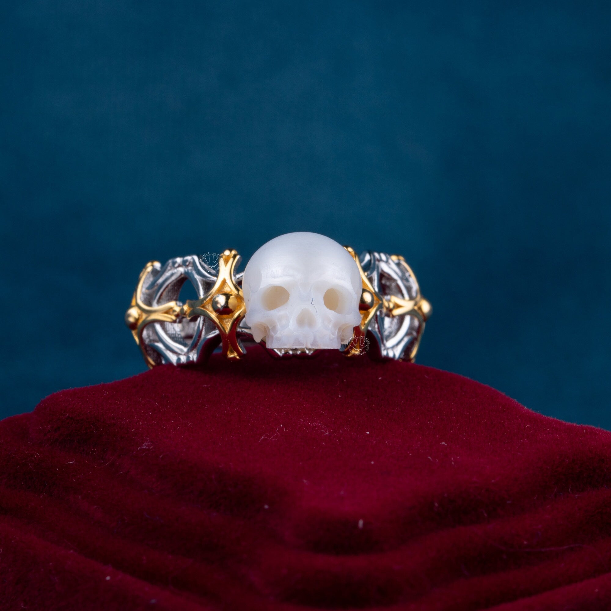 Judgement Ring handmade 925 silver skull carved pearl ring