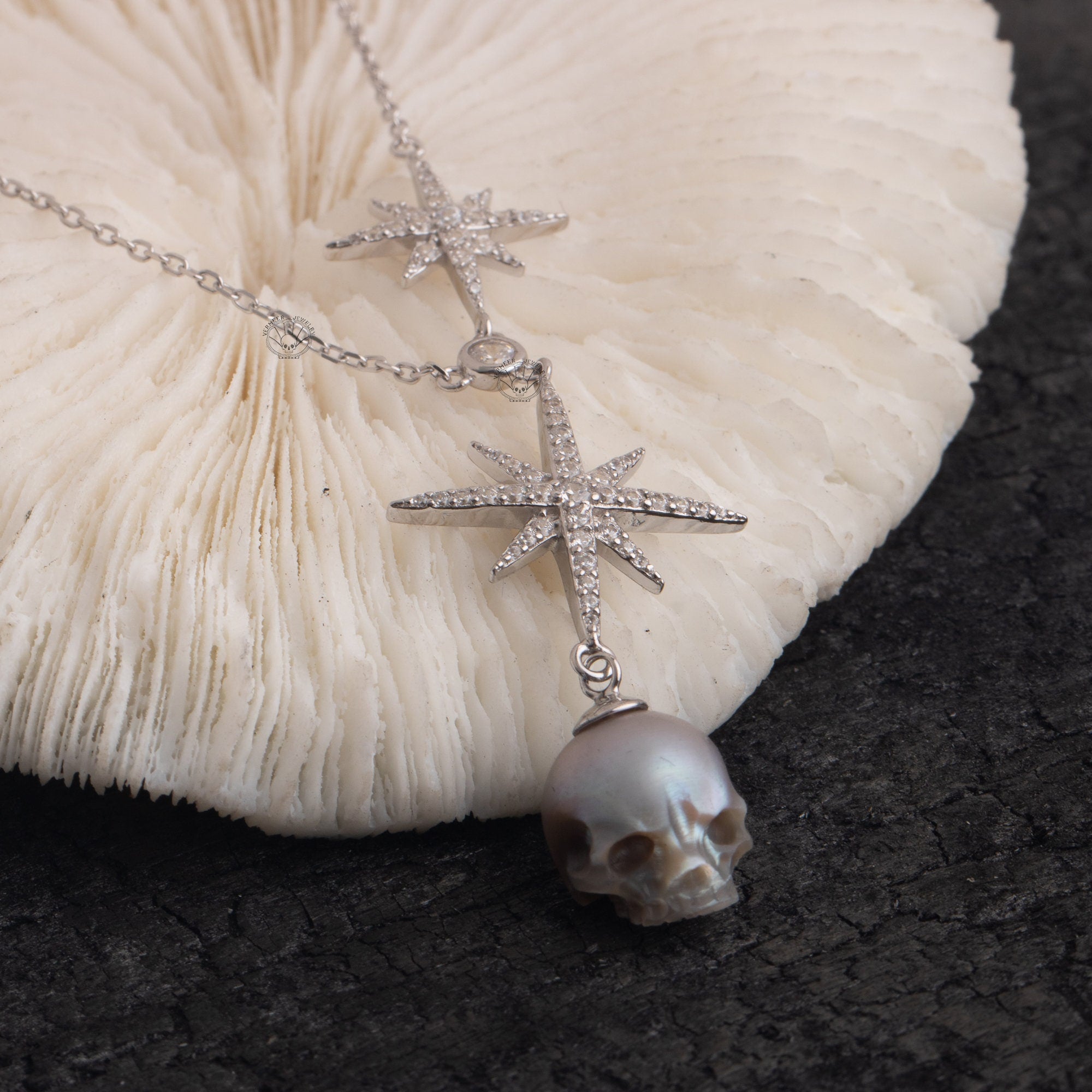 skull necklace star shape sterling silver handcarved freshwater pearl gothic jewelry gift for woman