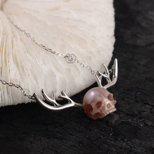 skull carved from freshwater pearl necklace gift for her deer horn shape handmade halloween necklace 925sterling unique silver necklaces for women gothic jewelry.jpg