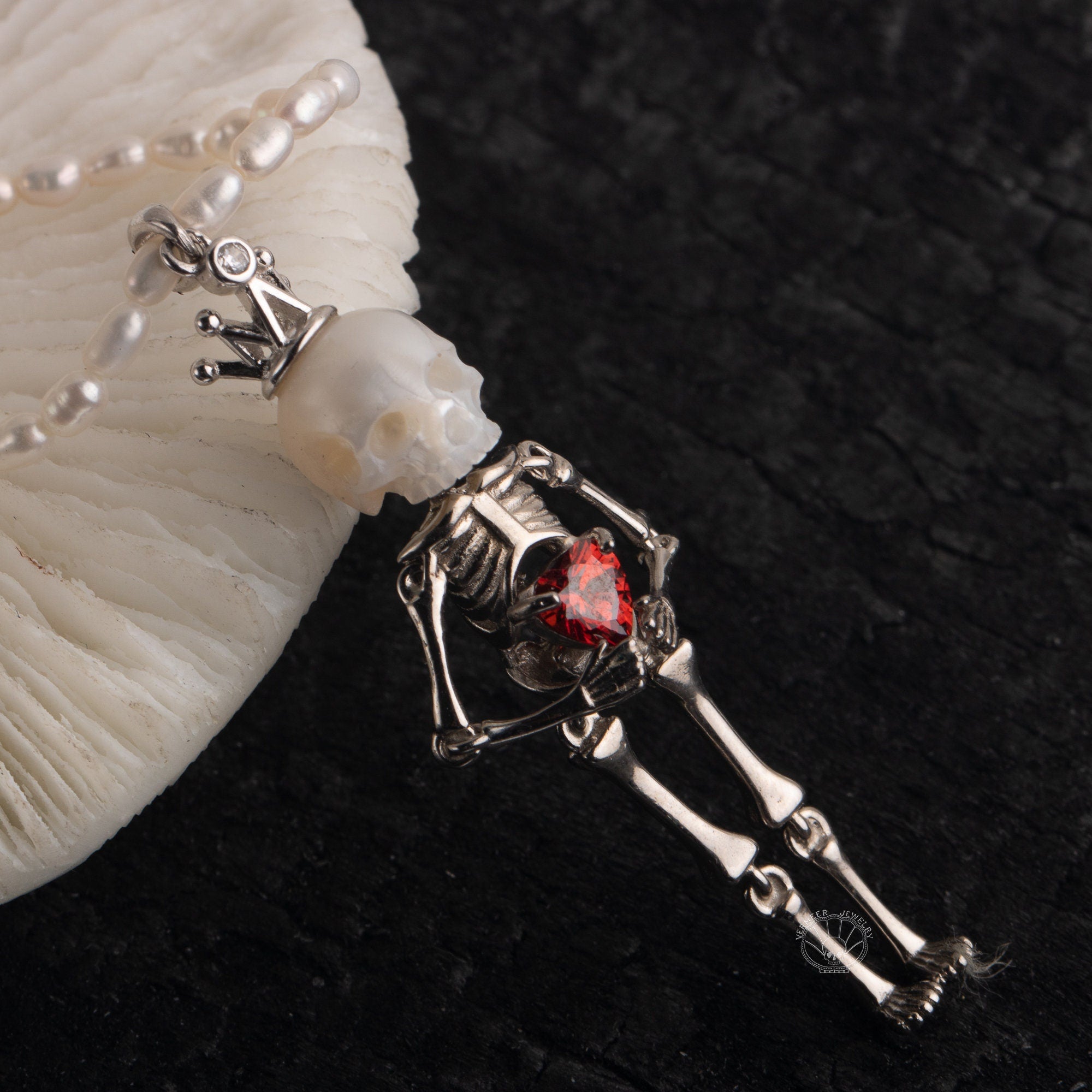 Mermaid Necklace skull carved pearl S925 silver necklace