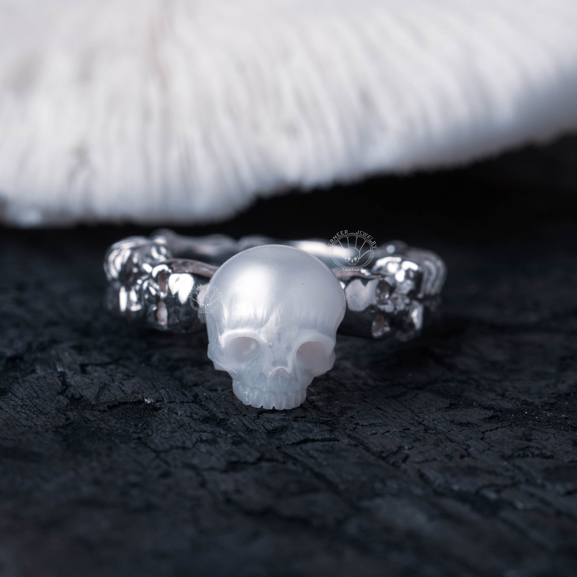 Pharaoh skeleton 925 silver skull carved pearl ring