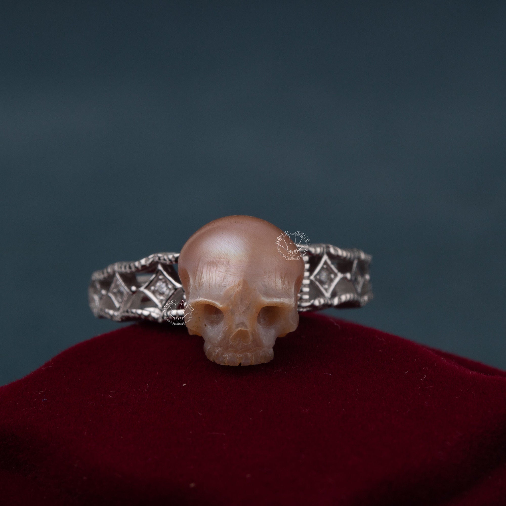 Faith Ring 925 silver natural freshwater pearl carved skull ring